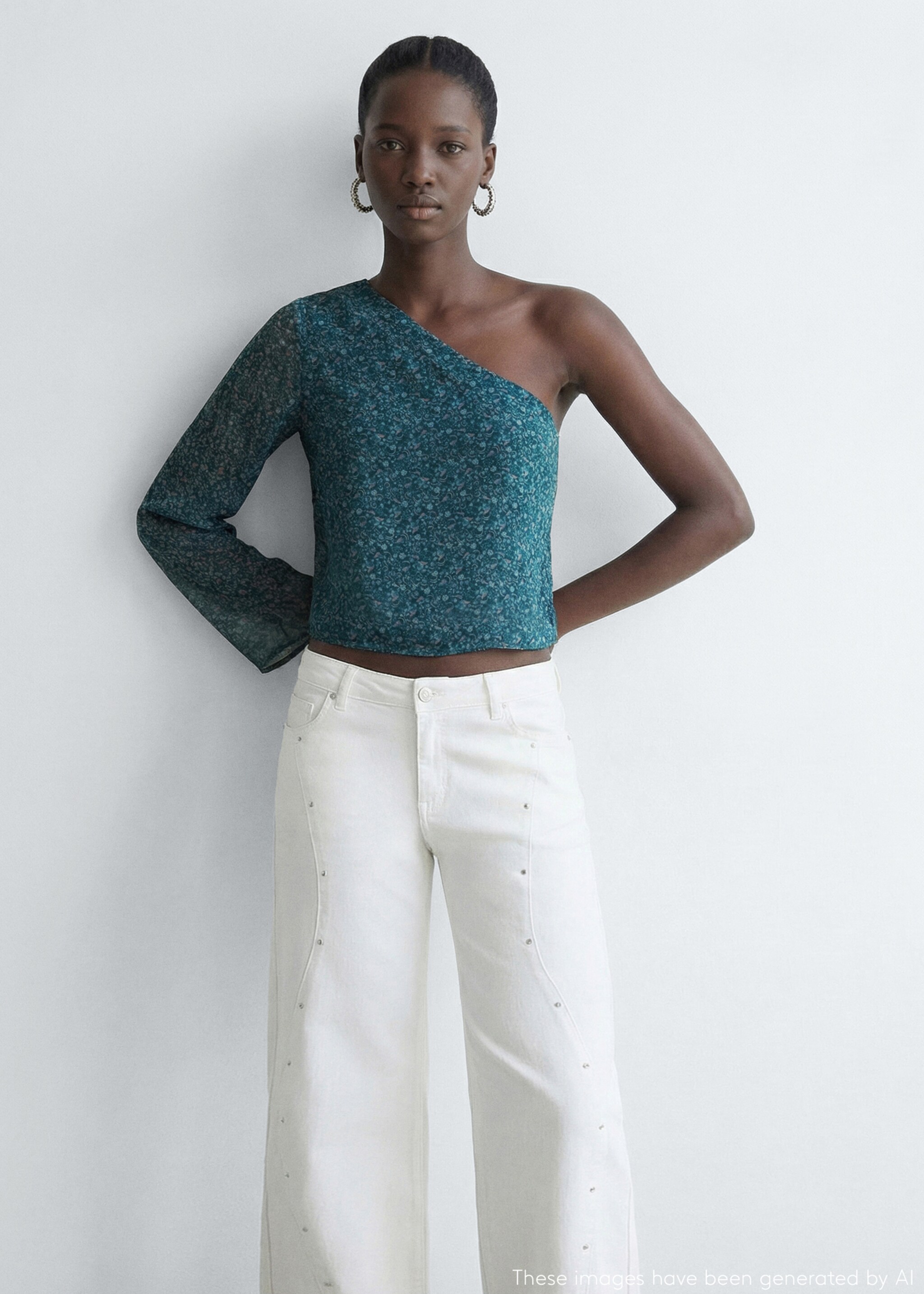 Asymmetrical printed blouse - Medium plane, Petrol Blue. Ref: 27024777-00.