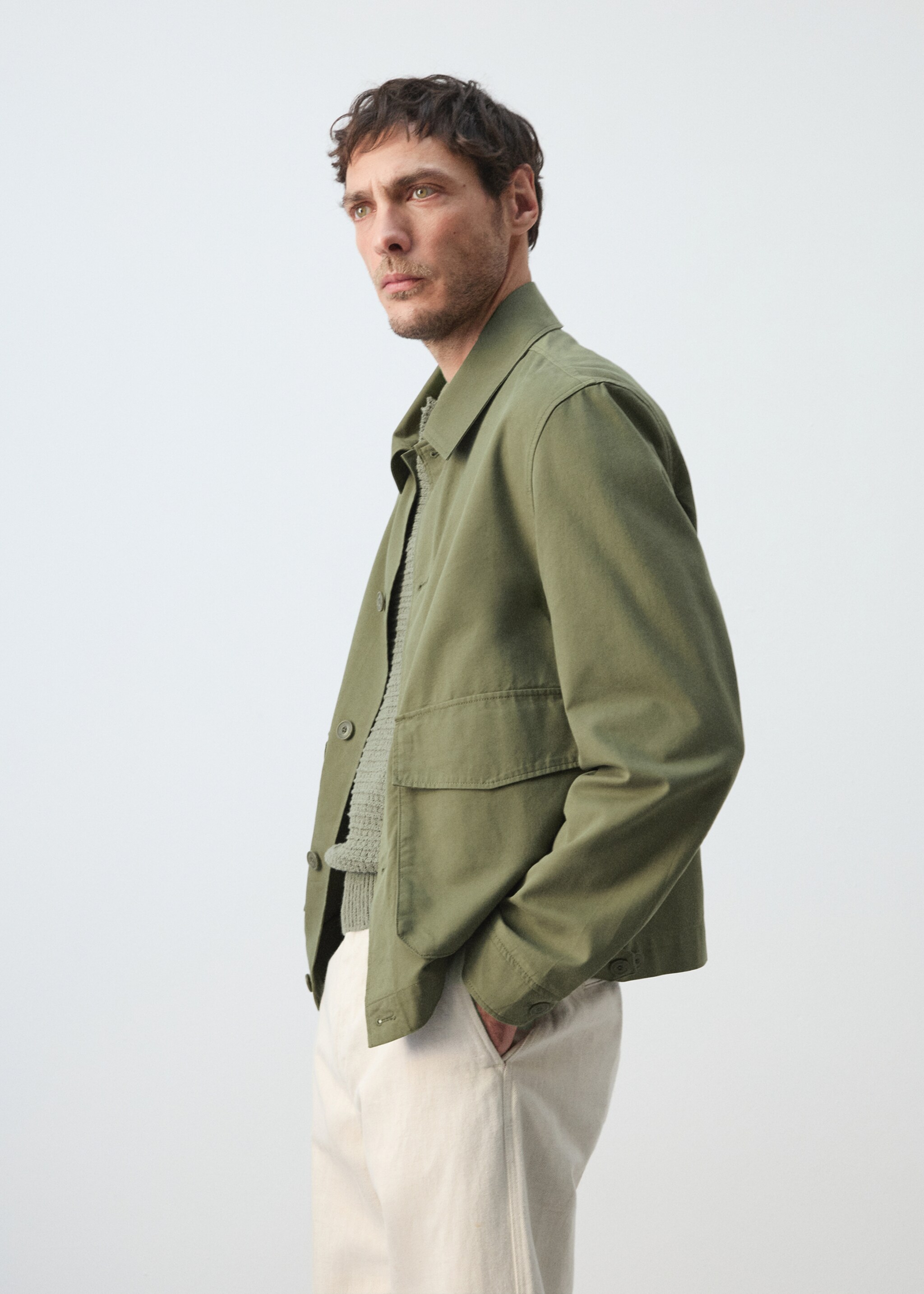 Lightweight cotton lyocell jacket - Details of the article 2, Khaki. Ref: 27025932-00.