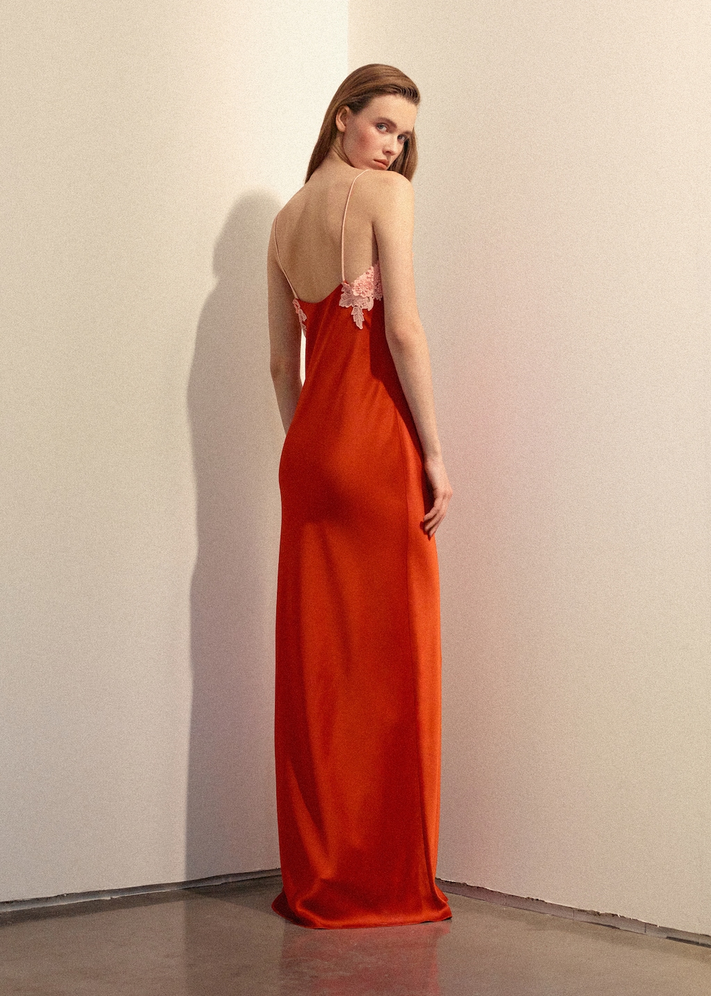 Satin dress with floral appliqus