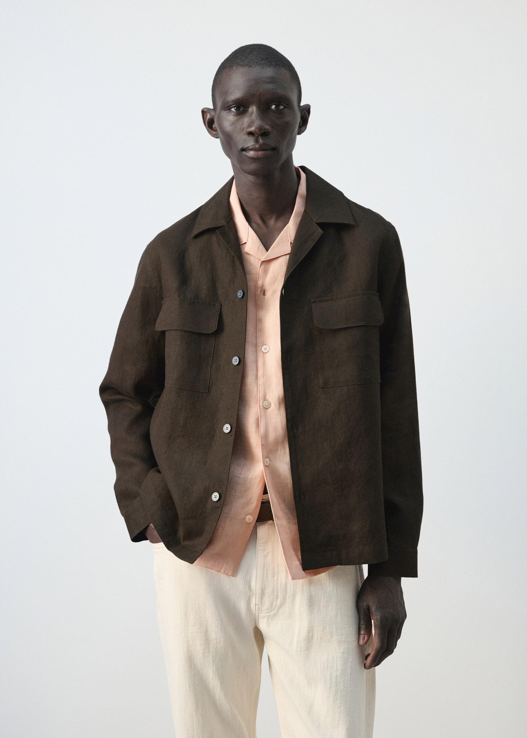 Bowling collar overshirt 100% linen - Medium plane, Chocolate. Ref: 27026712-00.