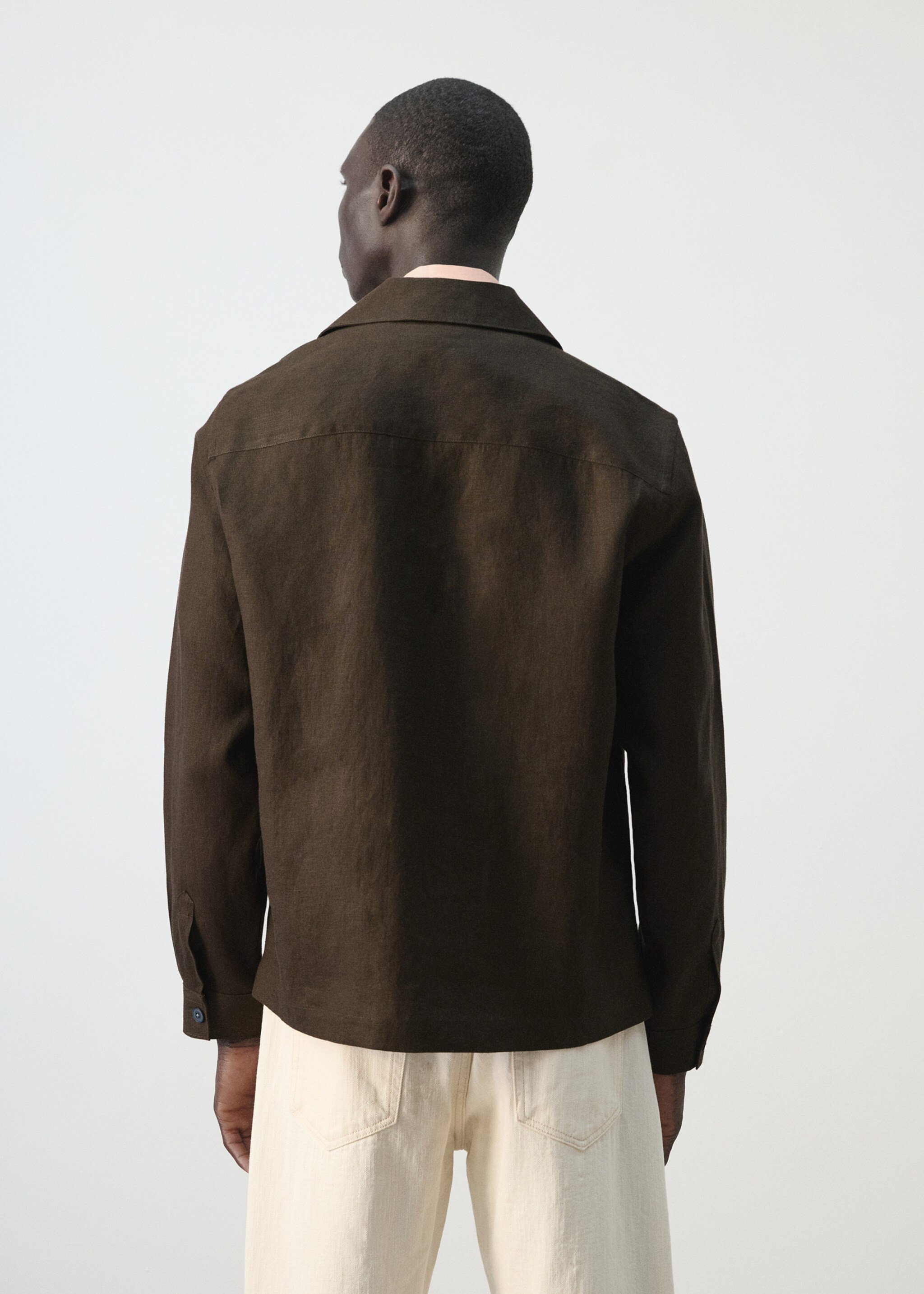 Bowling collar overshirt 100% linen - Reverse of the article, Chocolate. Ref: 27026712-00.