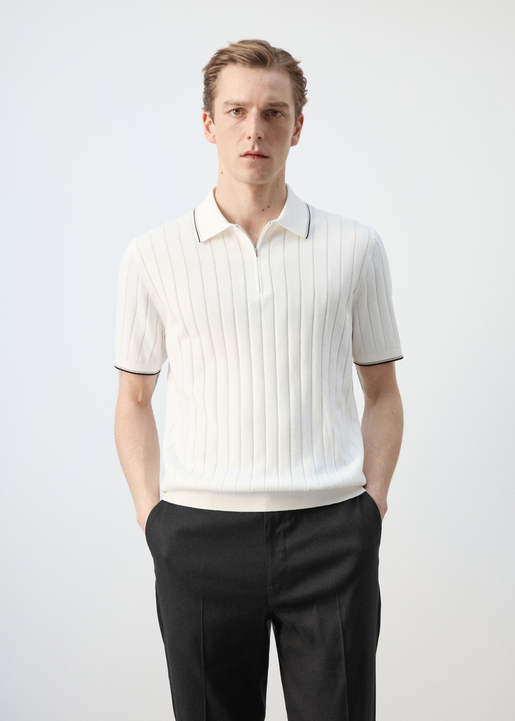 Fine-knit polo shirt with zip - Medium plane, Off White. Ref: 27027916-00.