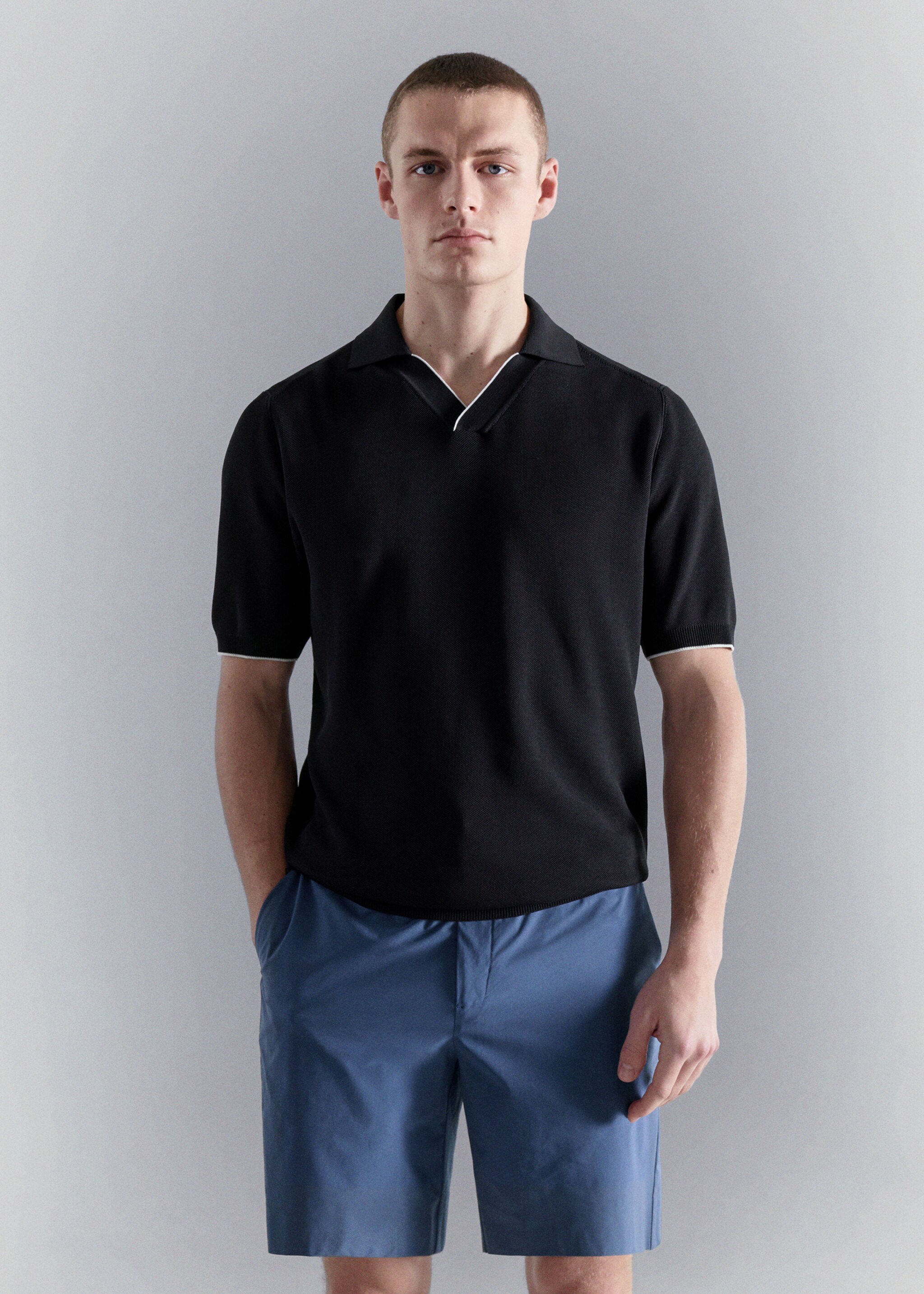 Contrasting knitted polo shirt - Medium plane, Navy. Ref: 27027918-00.