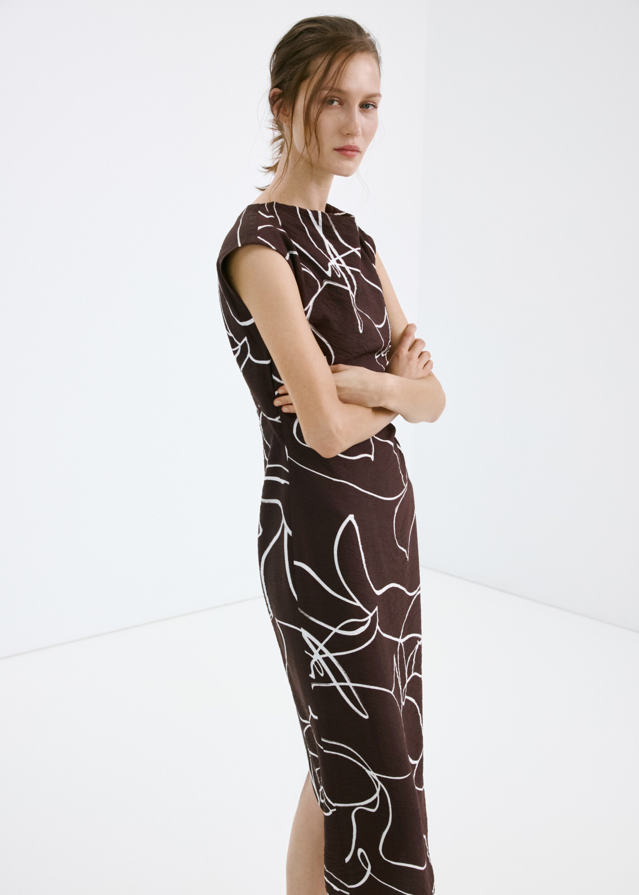 Printed ruched dress - Medium plane, Brown. Ref: 27027943-00.