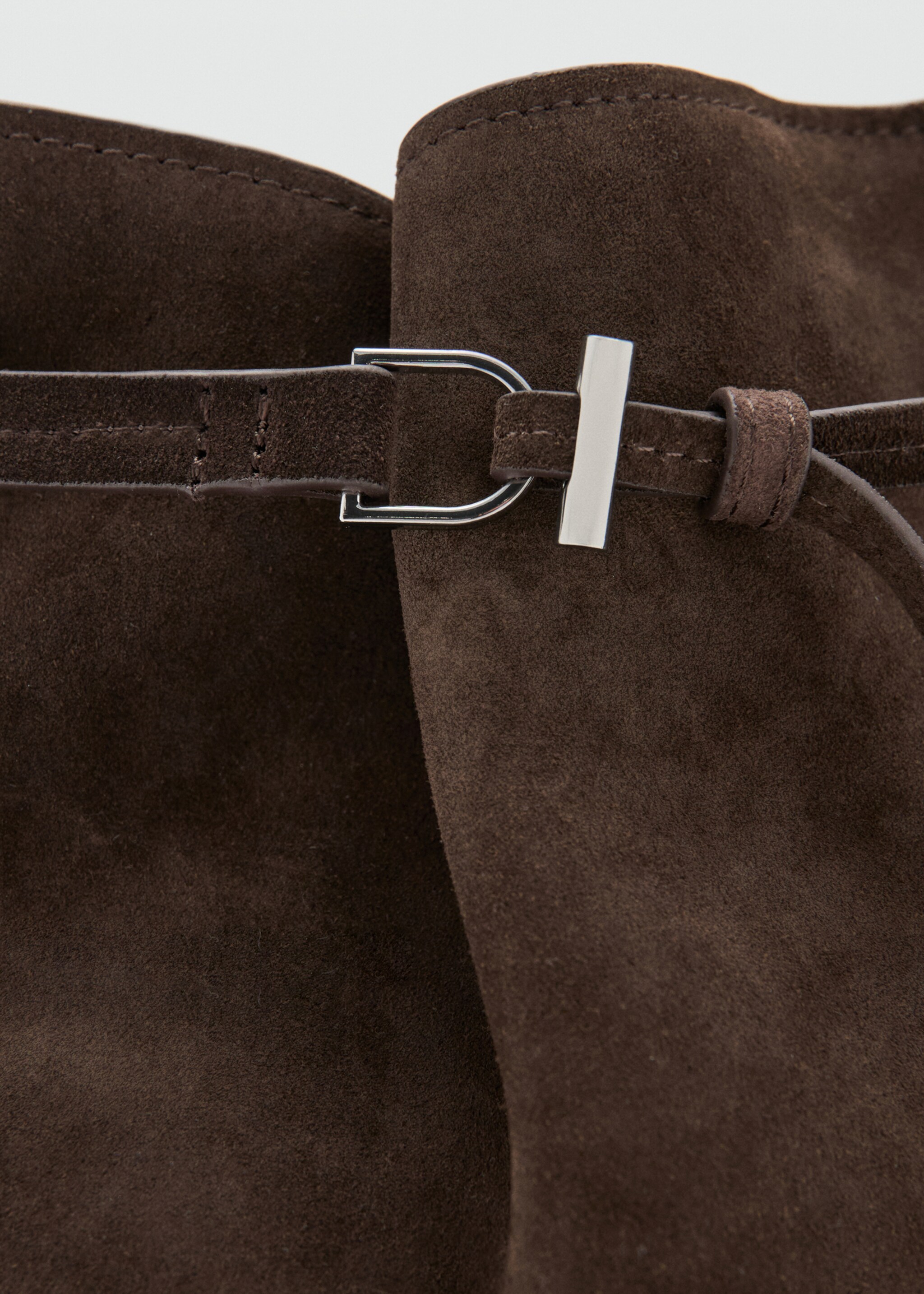 Suede bucket bag with buckle - Details of the article 1, Chocolate. Ref: 27031212-00.
