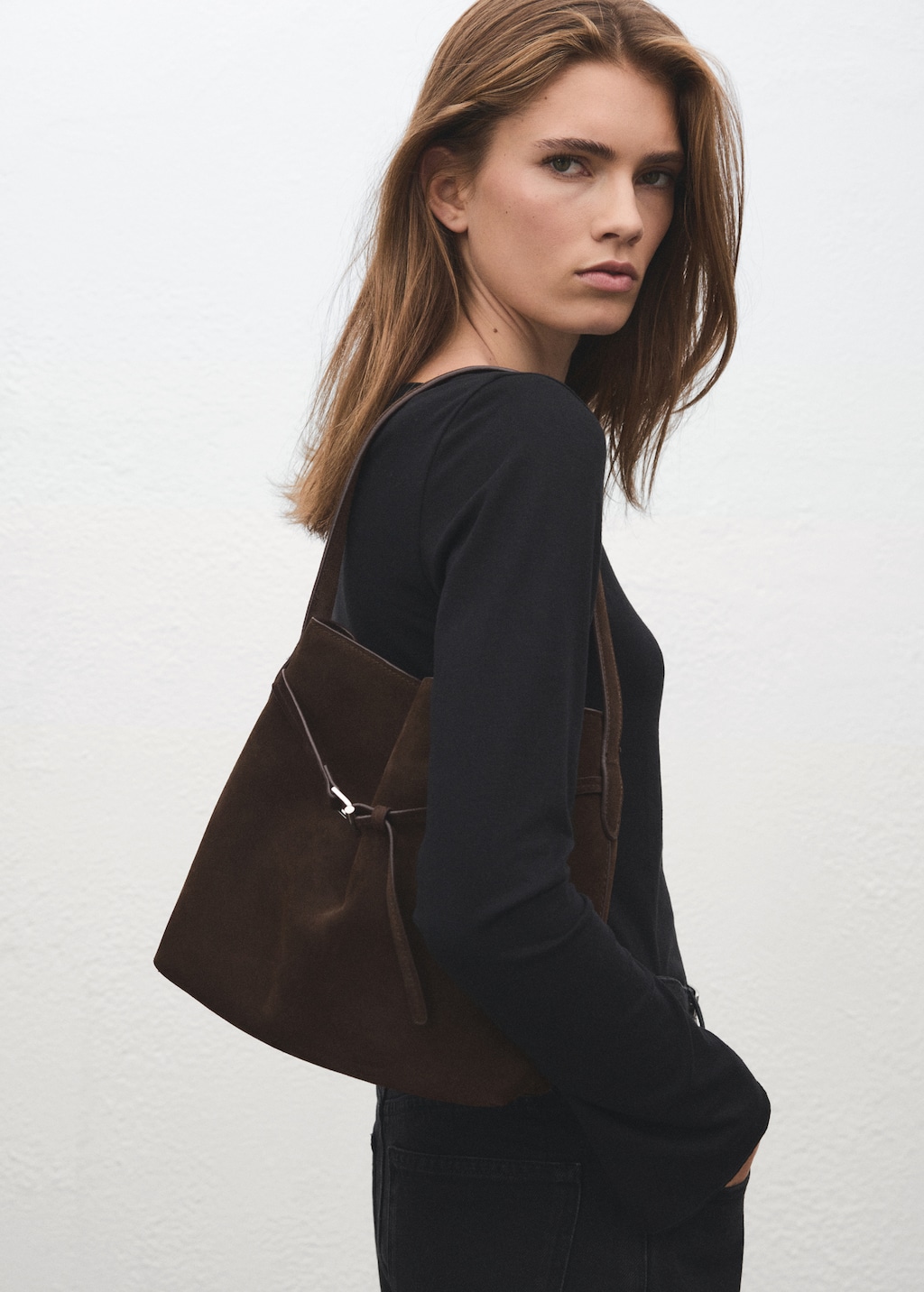Suede bucket bag with buckle
