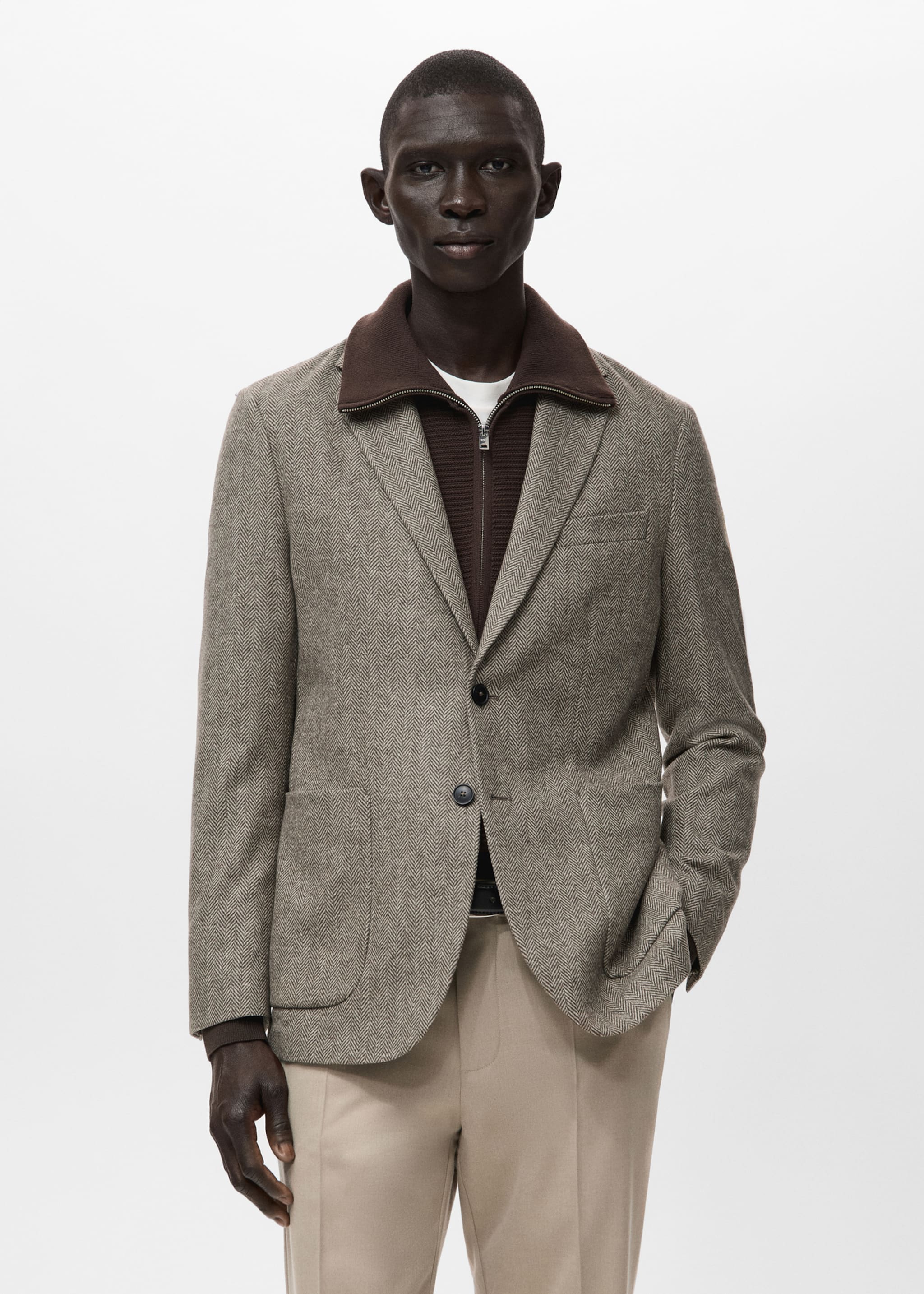 Slim fit wool blend blazer - Medium plane, Brown. Ref: 27031230-00.