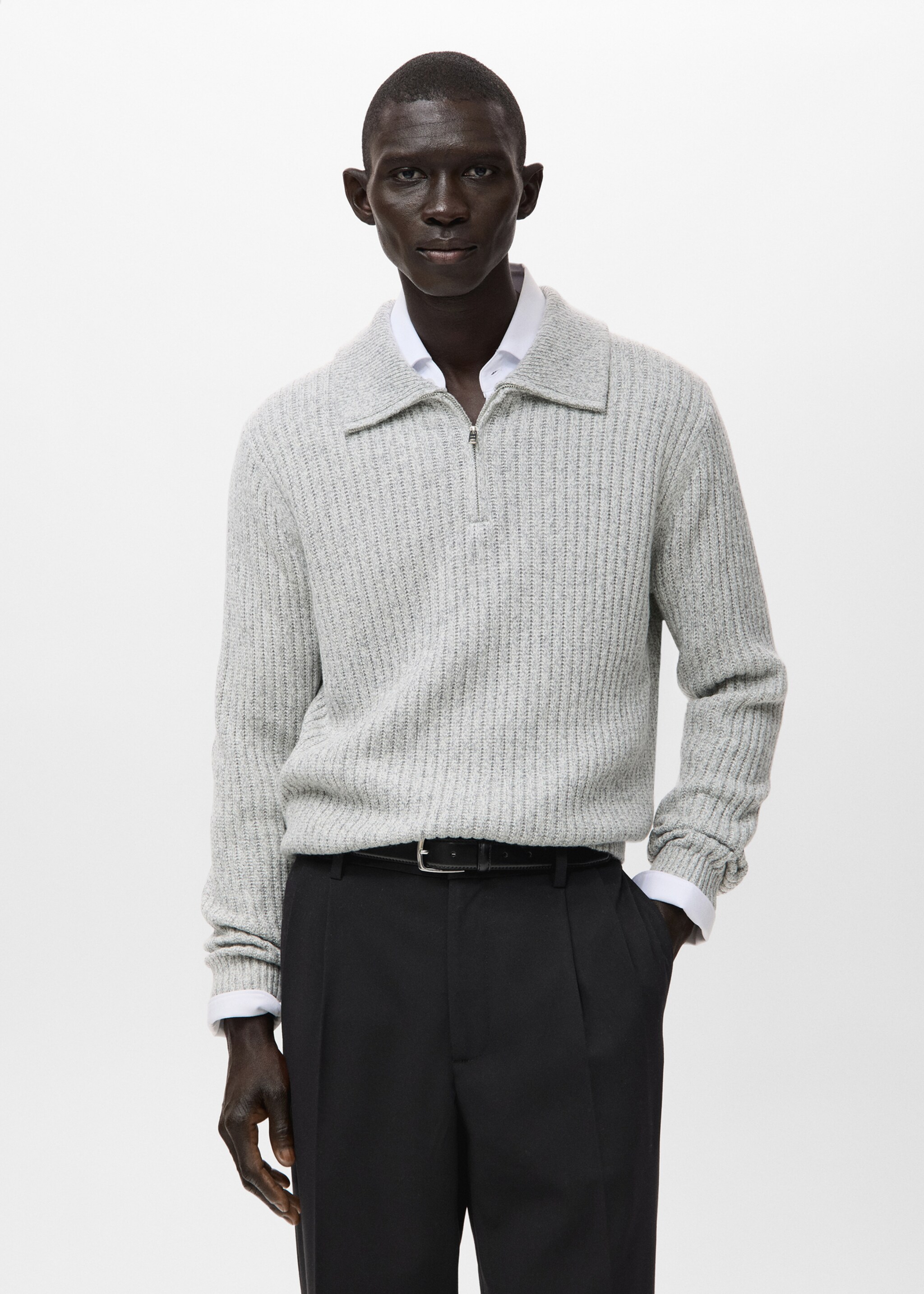 Wool-blend sweater with zip - Medium plane, Light Heather Grey. Ref: 27031254-00.