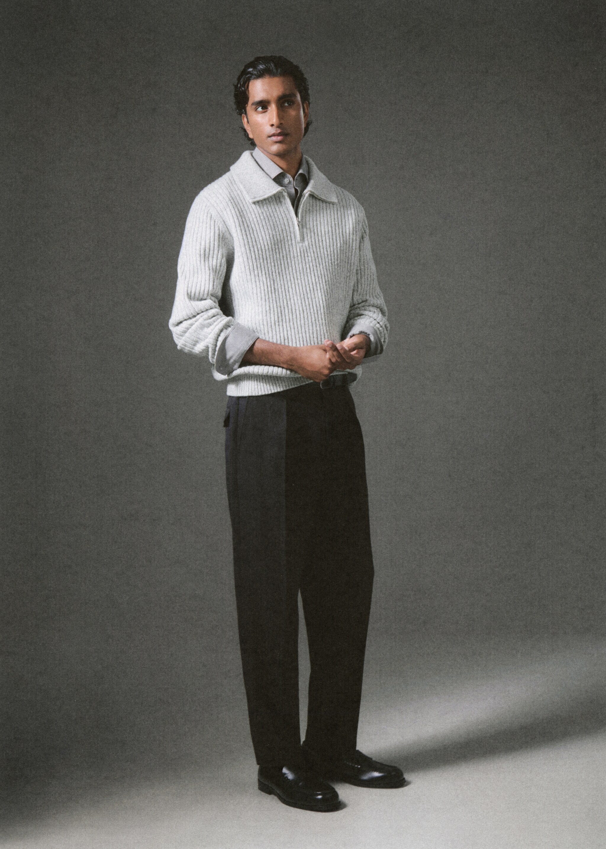 Wool-blend sweater with zip - Details of the article 3, Light Heather Grey. Ref: 27031254-00.