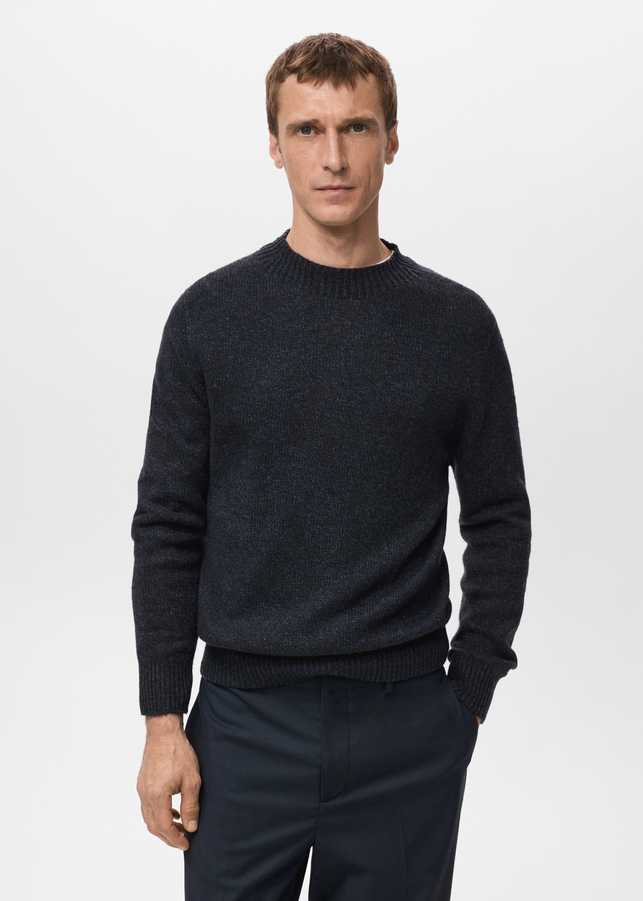 Structured wool-blend knitted sweater - Medium plane, Navy. Ref: 27031255-00.