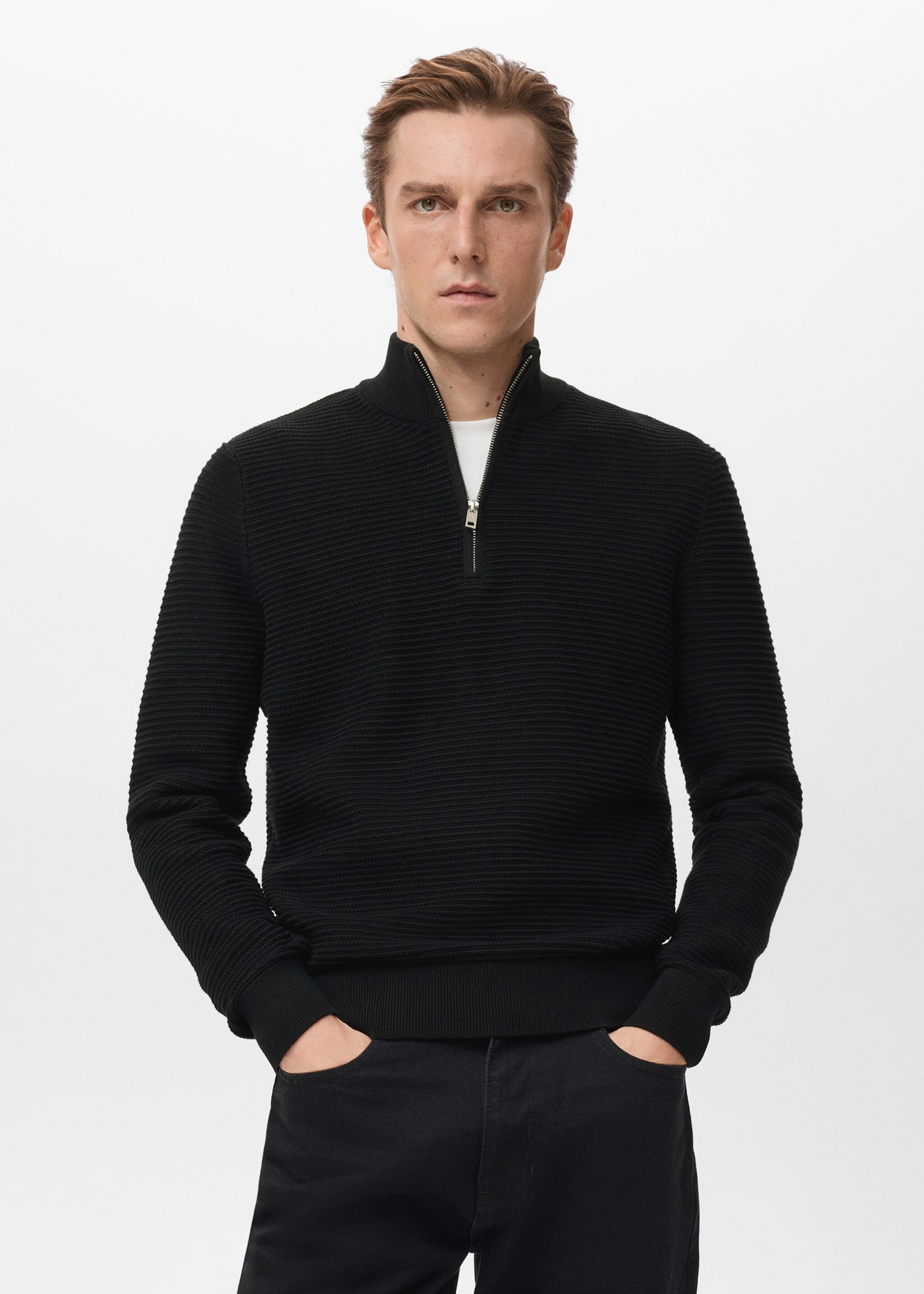 100% cotton structured sweater - Medium plane, Black. Ref: 27031262-00.