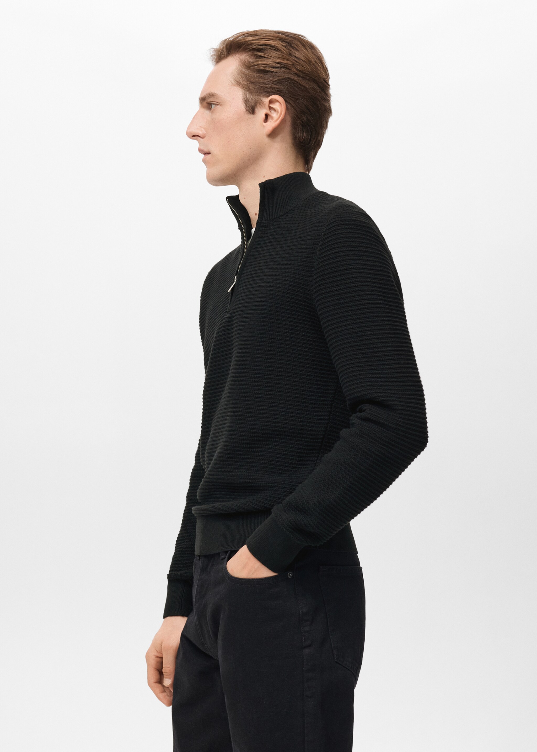 100% cotton structured sweater - Details of the article 2, Black. Ref: 27031262-00.
