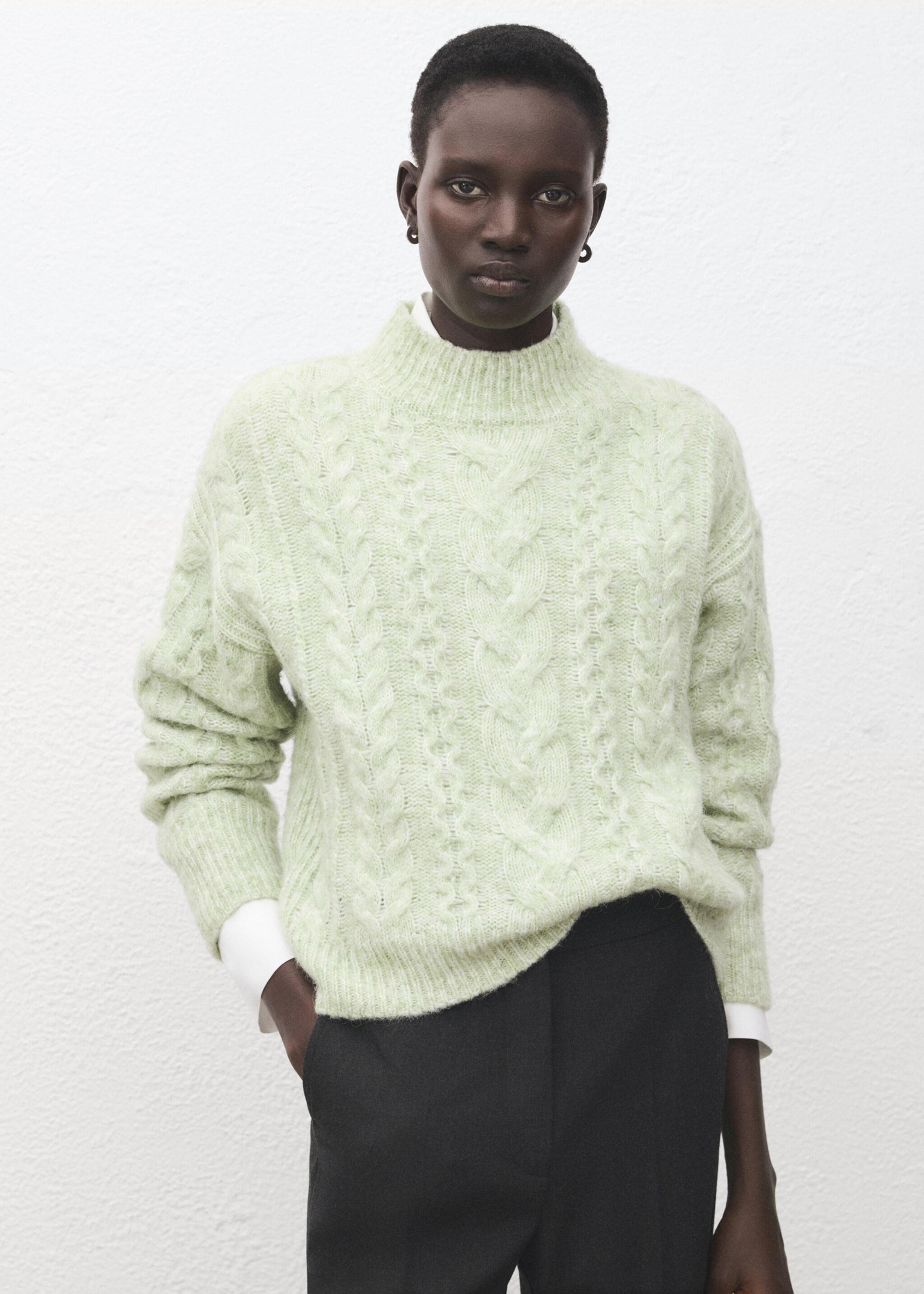 Braided sweater with perkins neck - Medium plane, Aqua Green. Ref: 27031269-00.