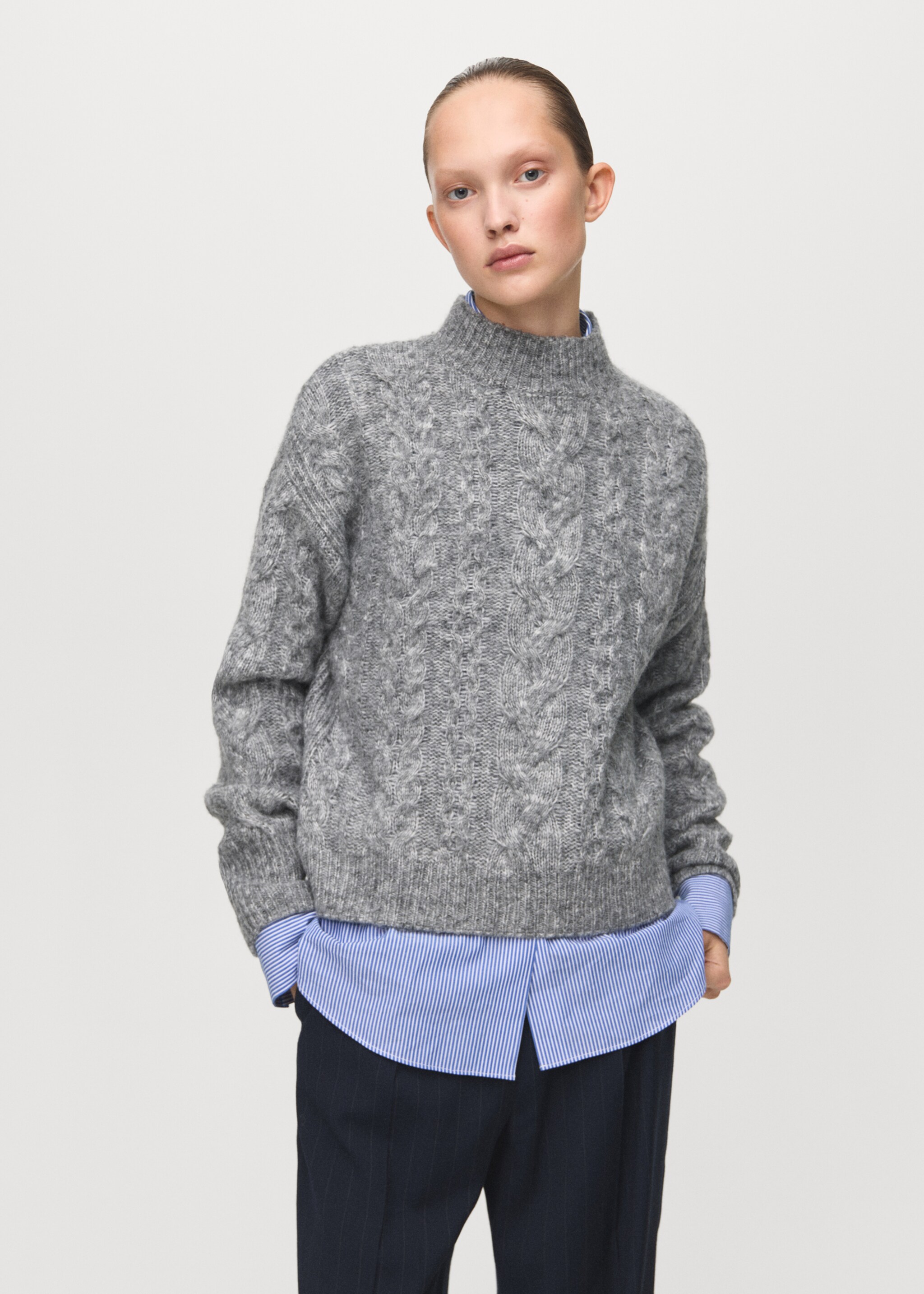 Braided sweater with perkins neck - Medium plane, Medium Heather Grey. Ref: 27031269-00.