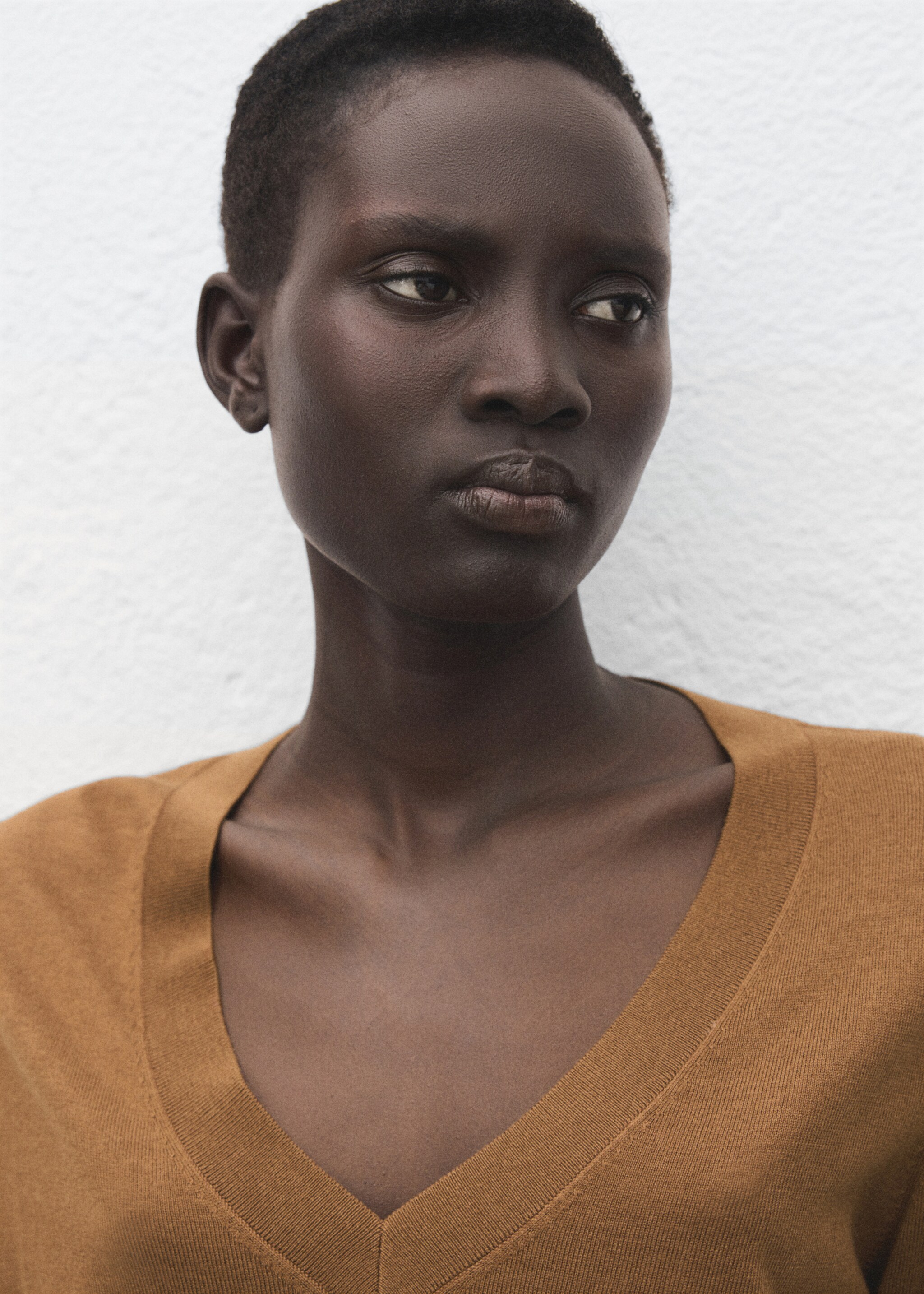 V-neck knit sweater - Details of the article 1, Tobacco Brown. Ref: 27031276-00.