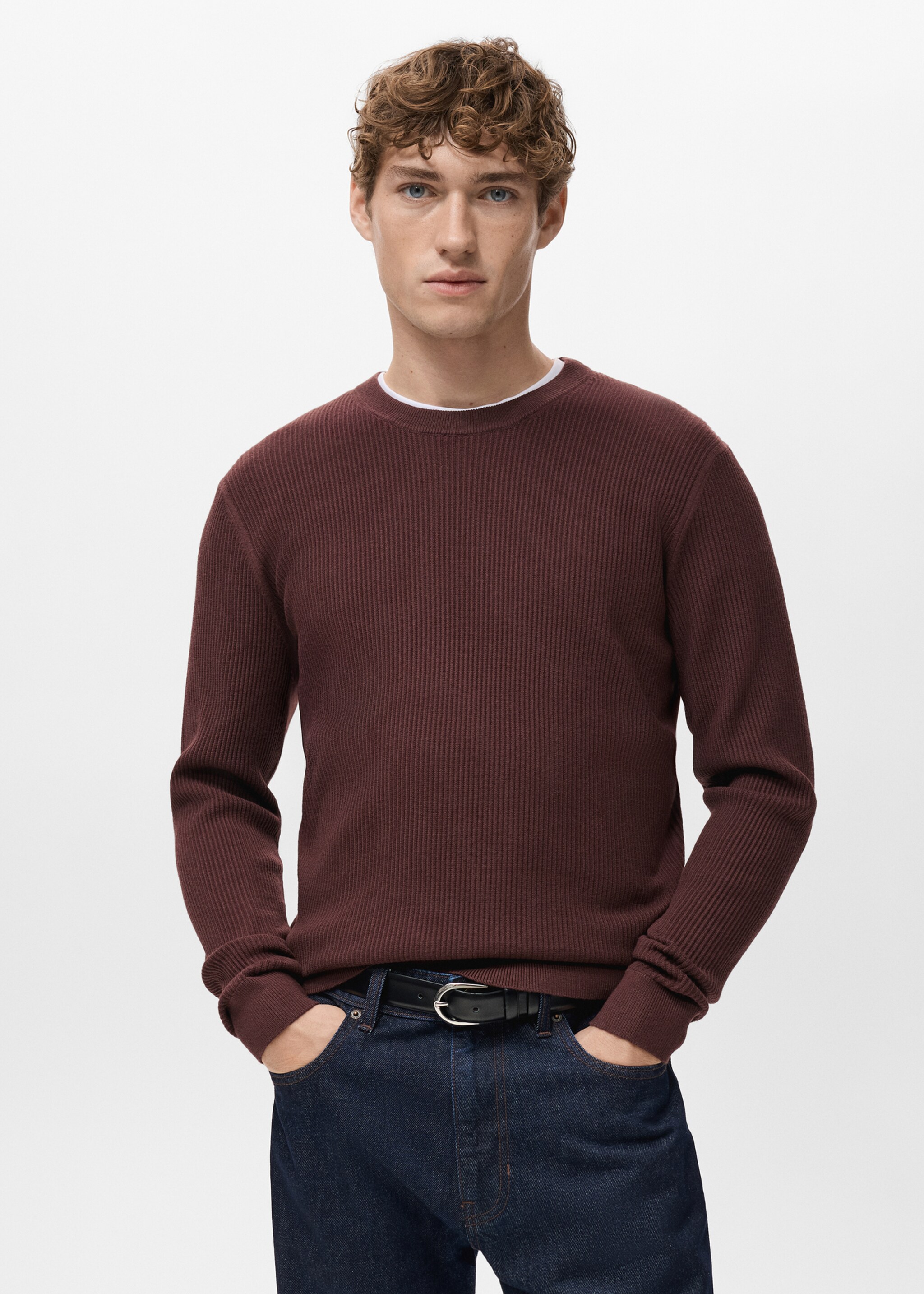 Fine rib-knit cotton sweater - Medium plane, Burgundy. Ref: 27031288-00.