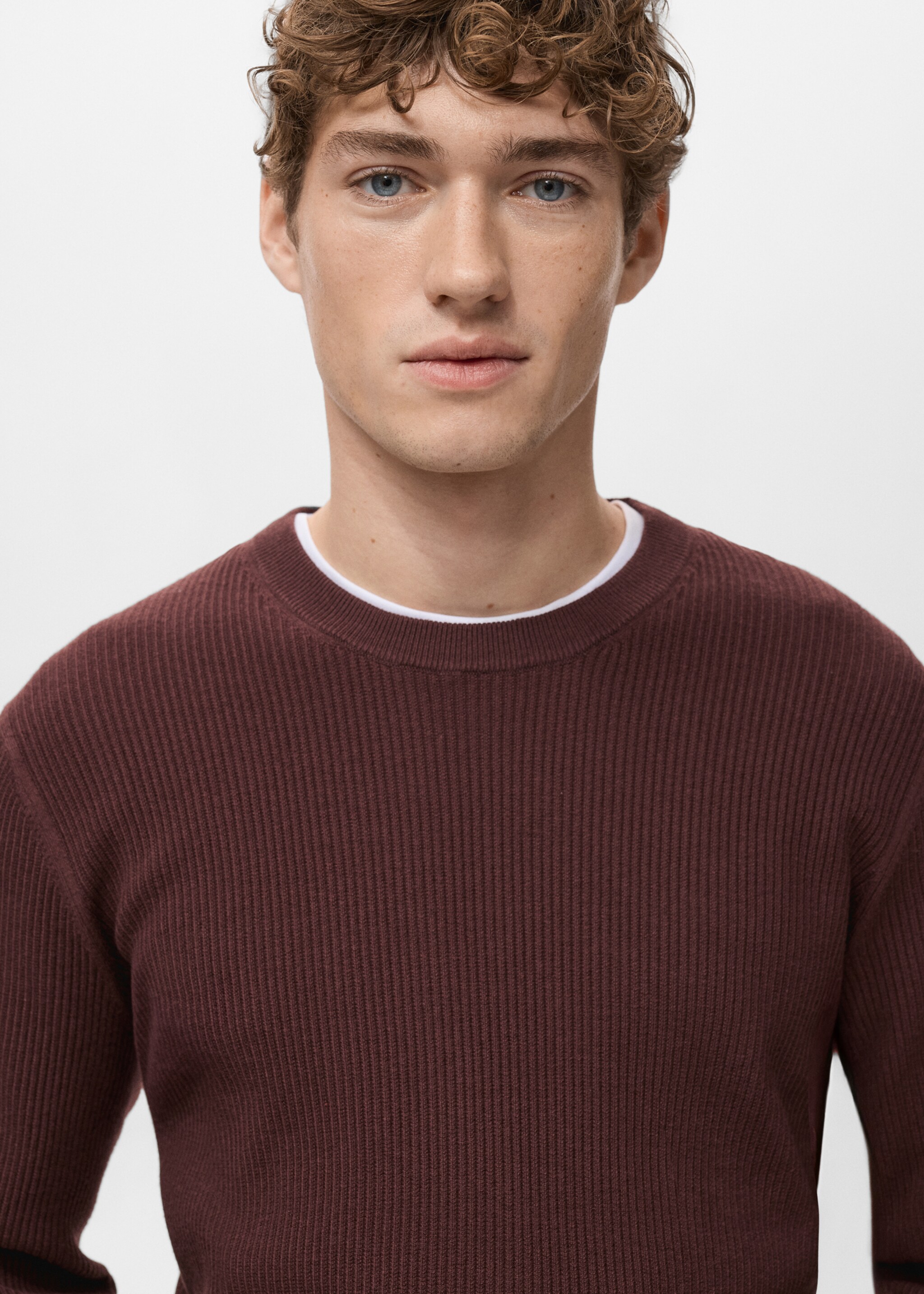 Fine rib-knit cotton sweater - Details of the article 1, Burgundy. Ref: 27031288-00.
