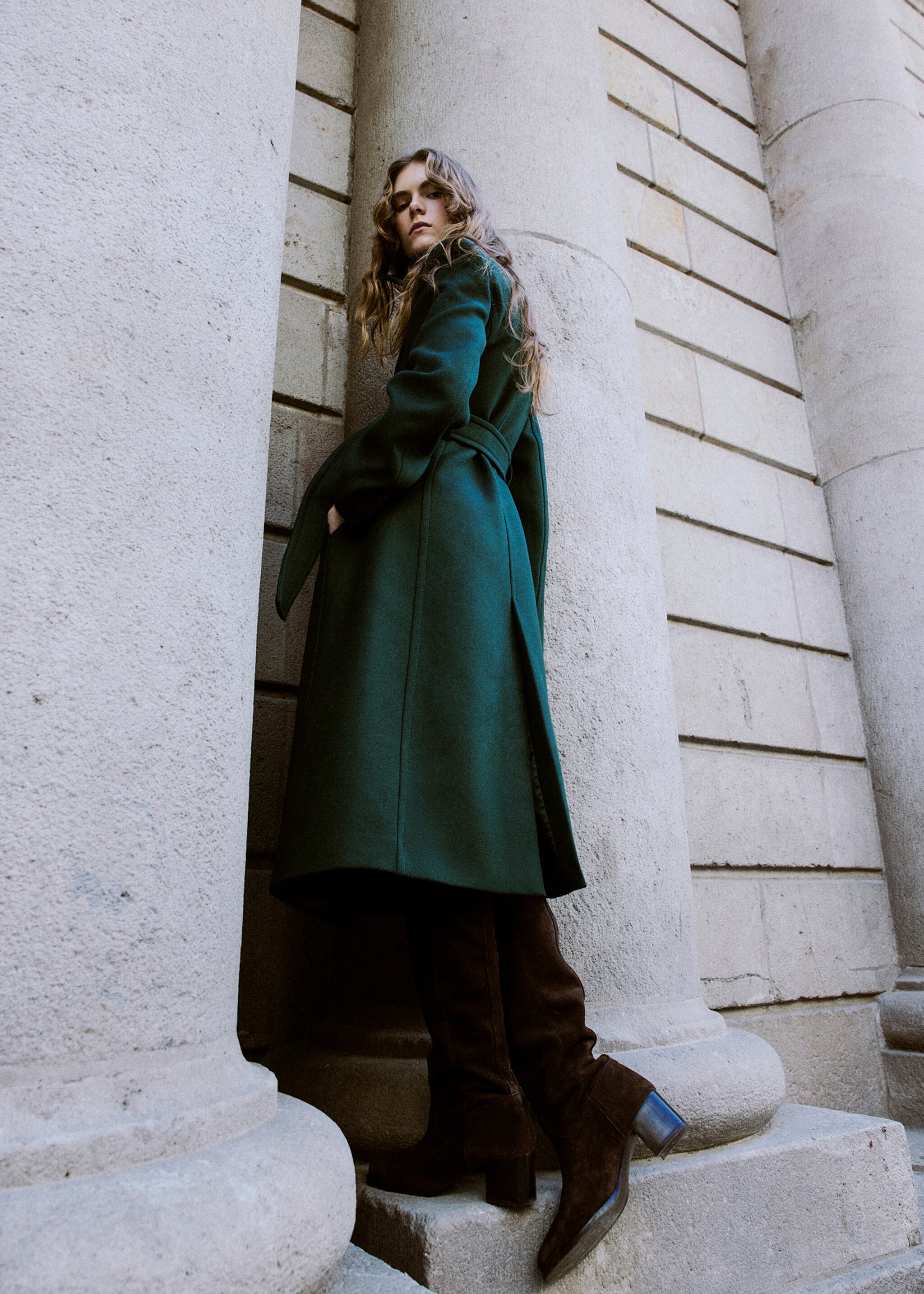 Manteco wool coat with belt - Medium plane, Green. Ref: 27031301-00.