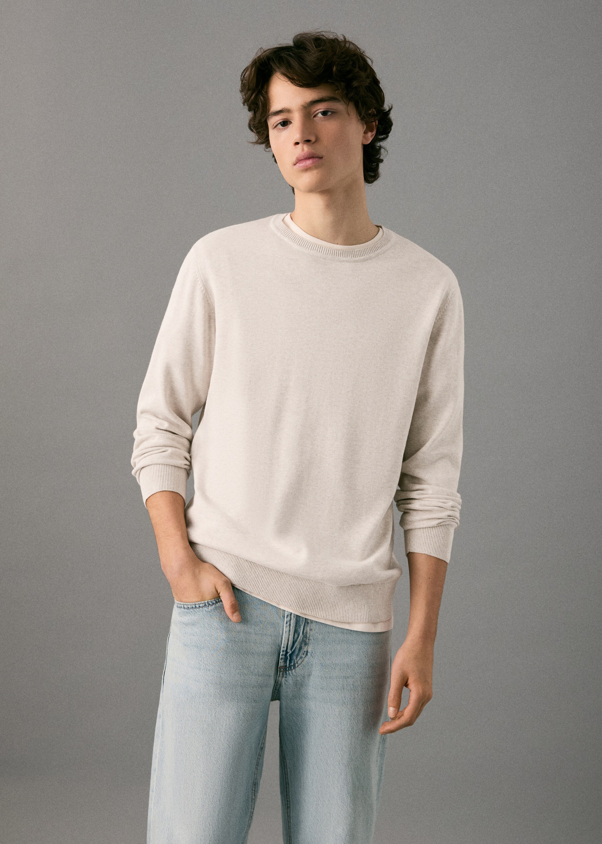 Knitted cotton sweater - Medium plane, Sand. Ref: 27031312-00.