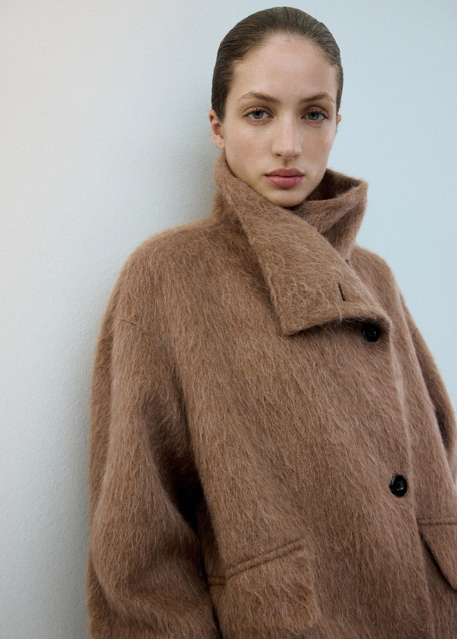 Manteau laine mélangée col cheminée - Plan moyen