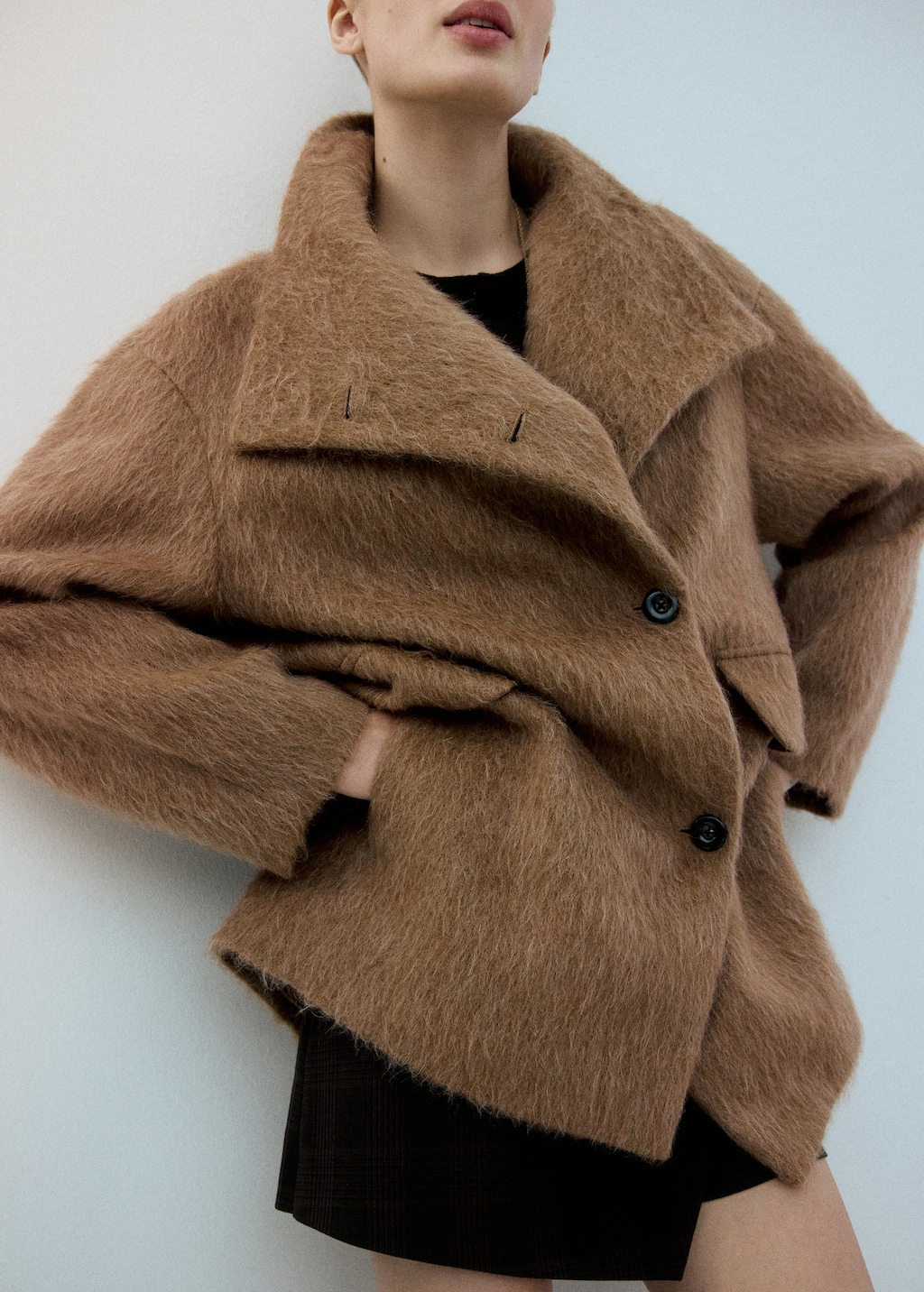 Wool-blend funnel-neck coat