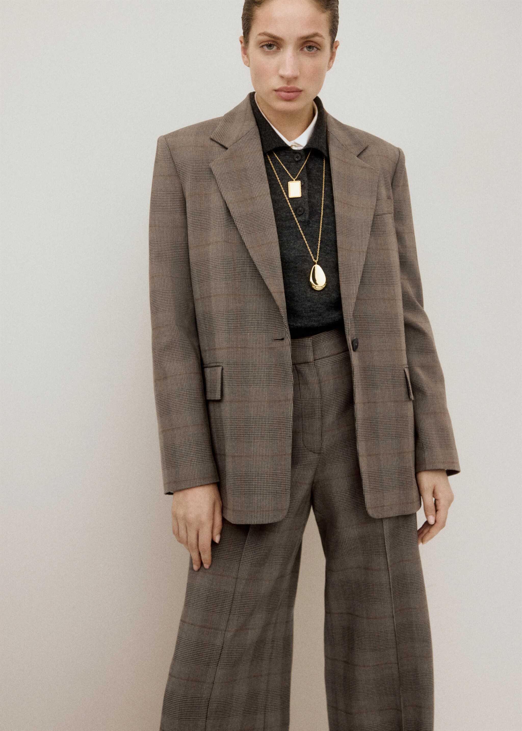 Wool-blend check trousers - Medium plane, Brown. Ref: 27031325-00.