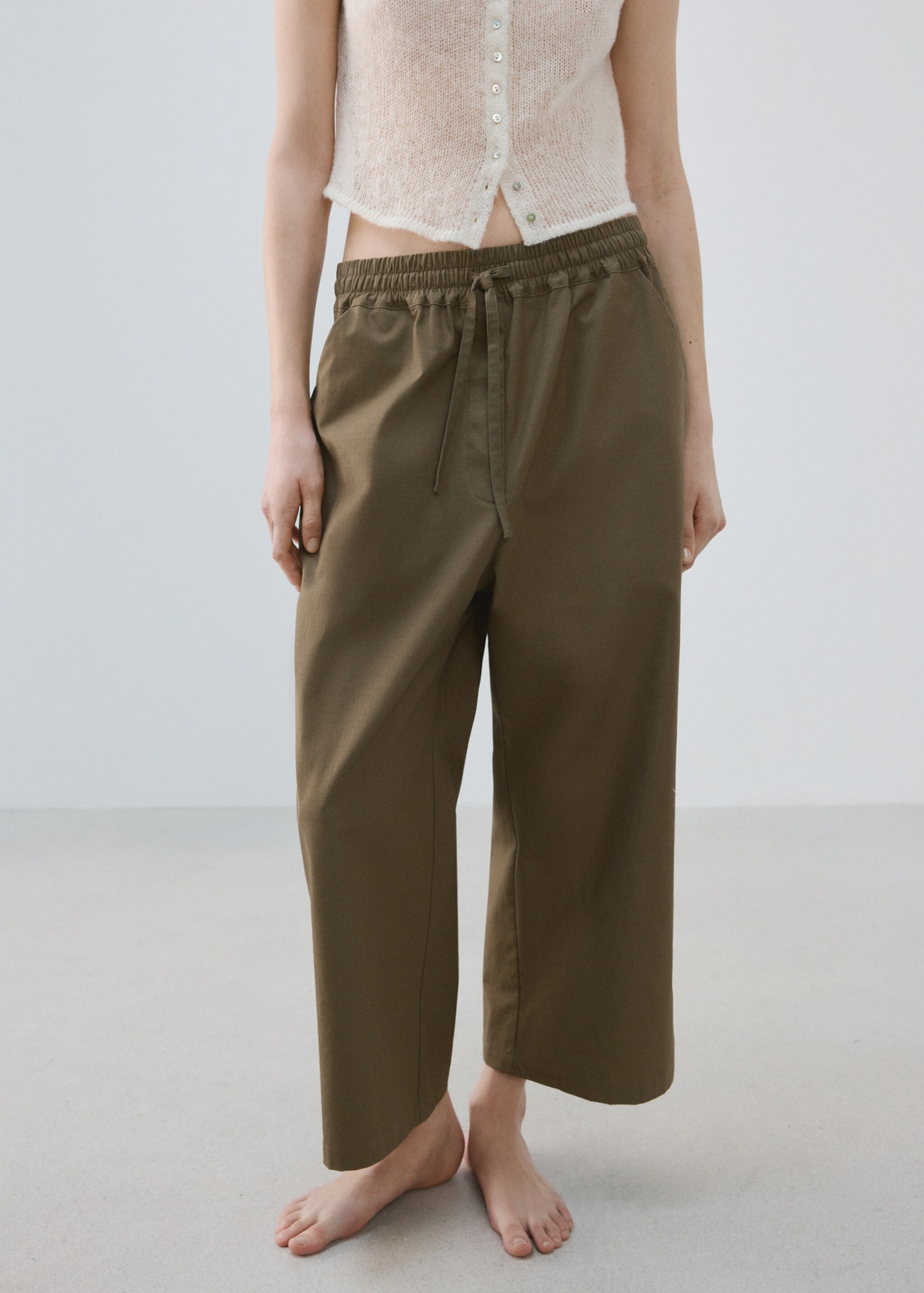 Long cotton pajama pants - Medium plane, Khaki. Ref: 27033322-00.