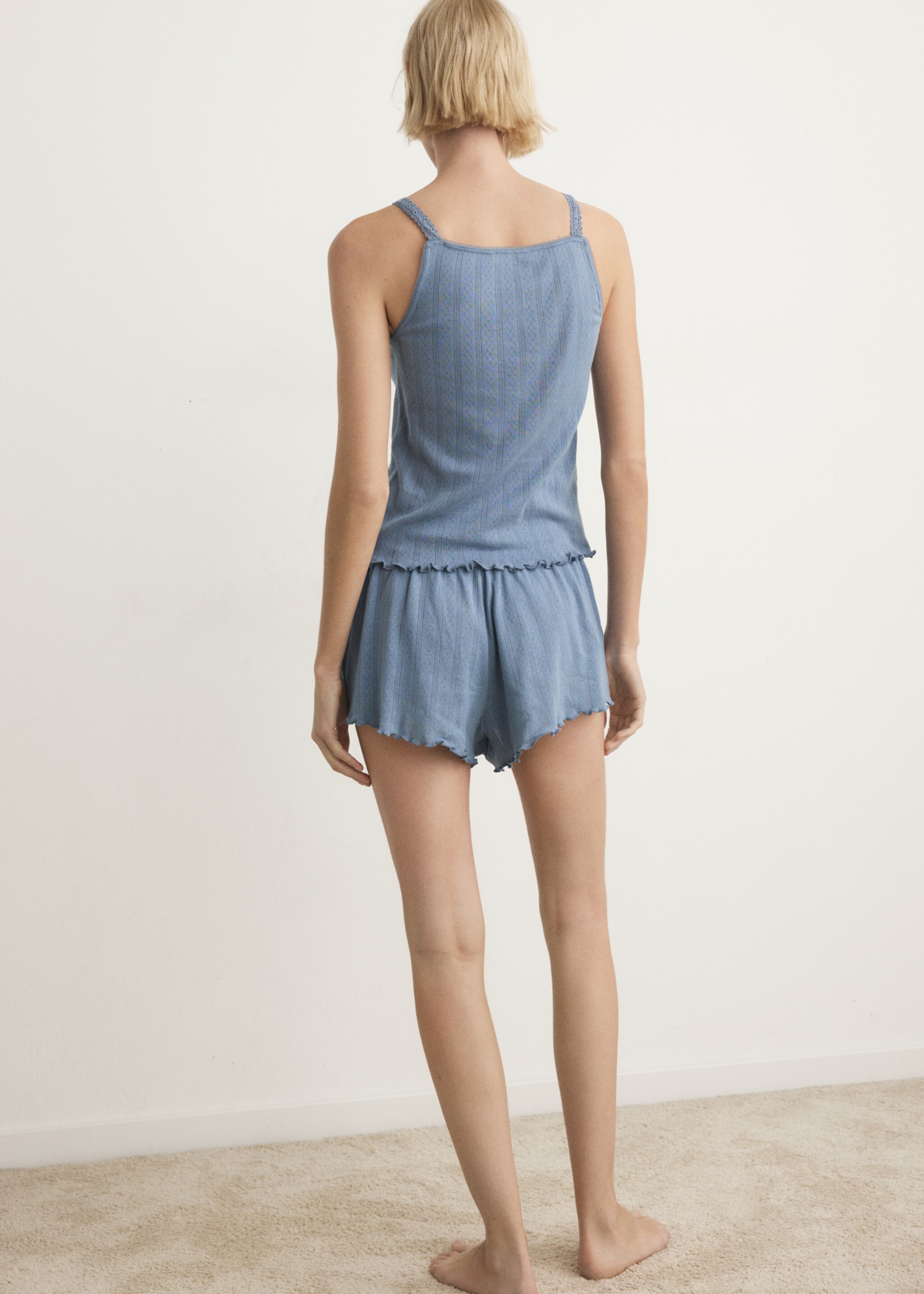 Loose-knit cotton pyjama t-shirt with straps - Reverse of the article, Indigo Blue. Ref: 27033327-00.