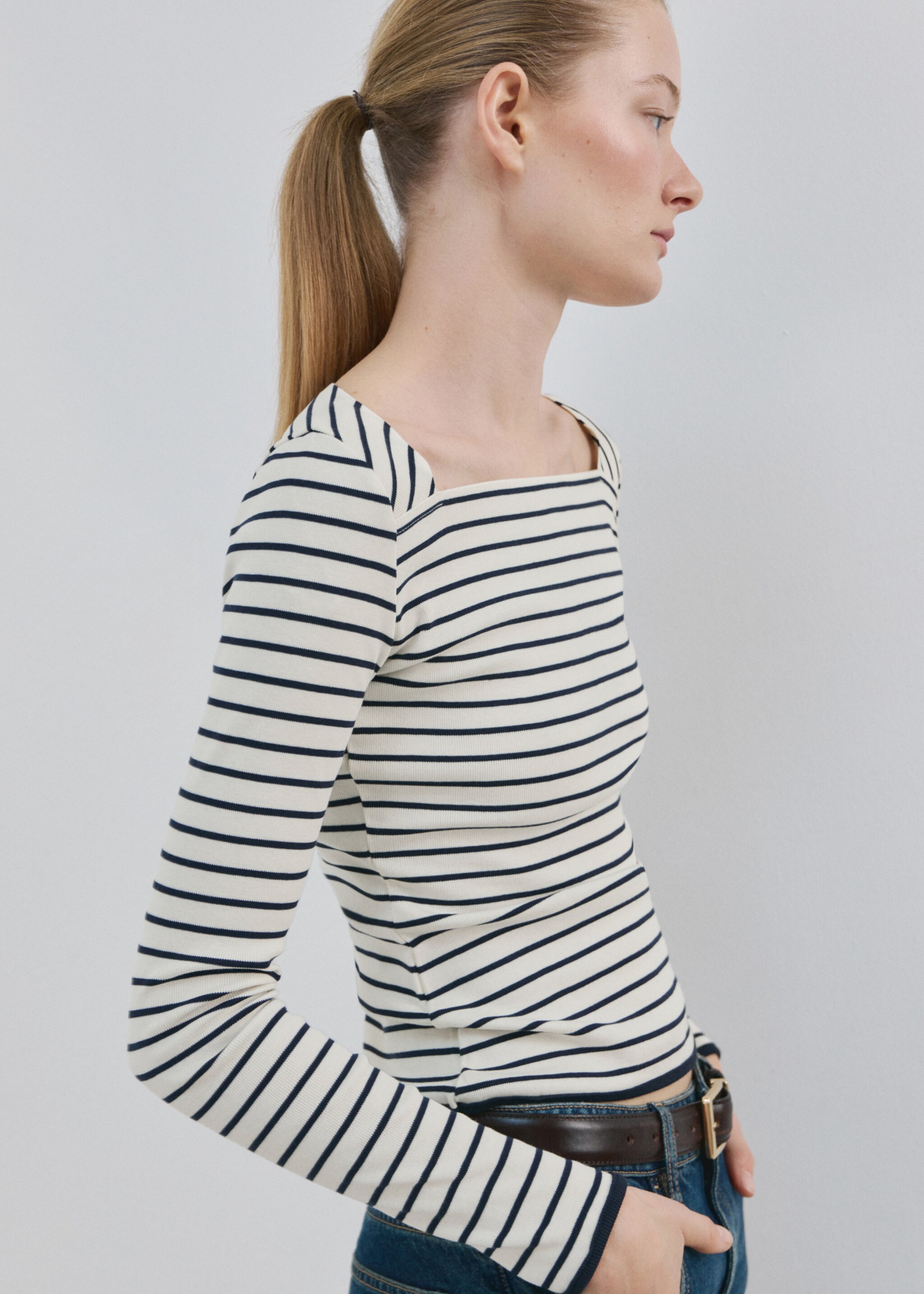 Camiseta cuello barco algodón - Plano medio, Blanco roto. Ref: 27034087-00.