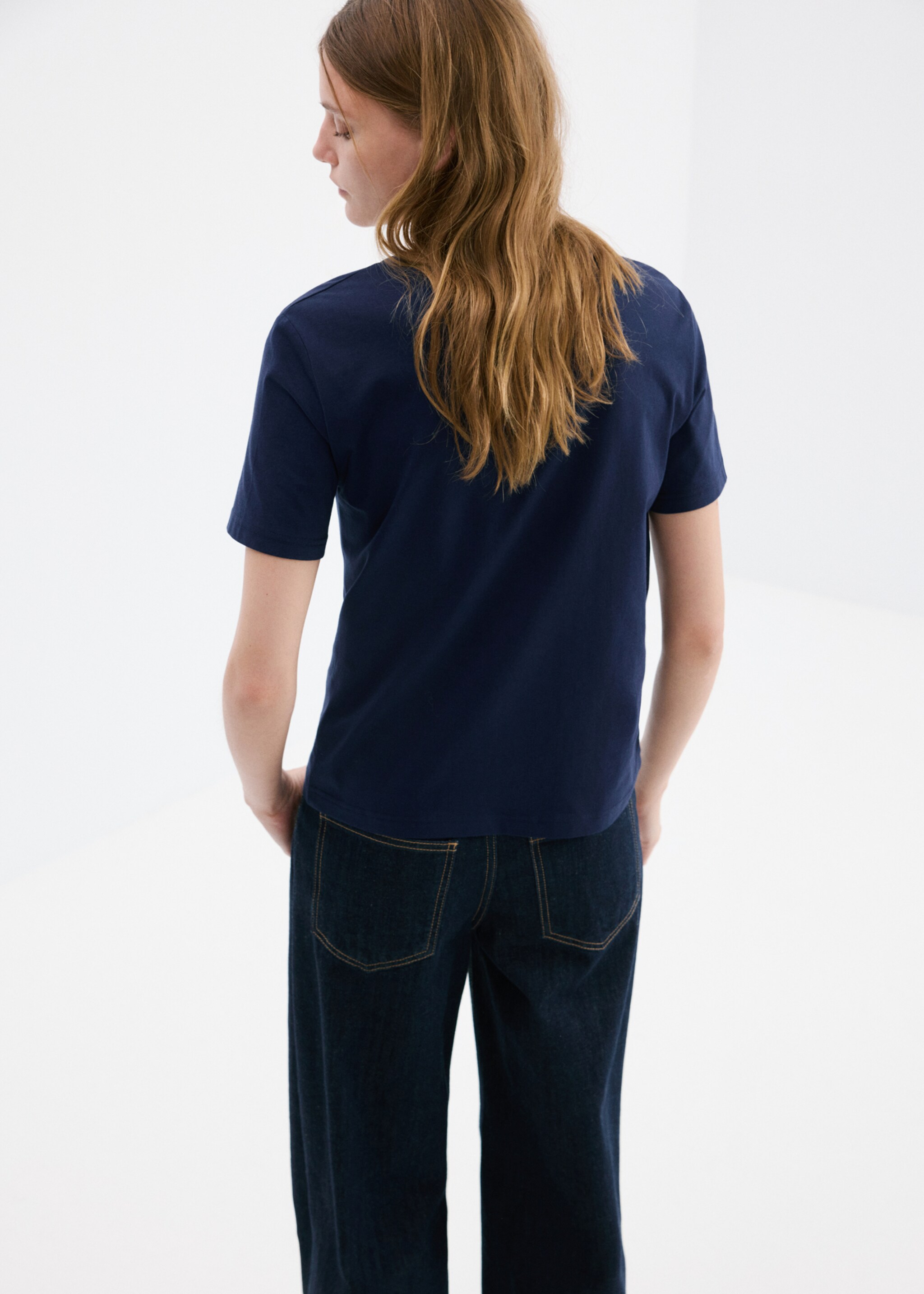 T-shirt coton col en V - Verso de l’article, Bleu marine. Ref: 27034091-00.