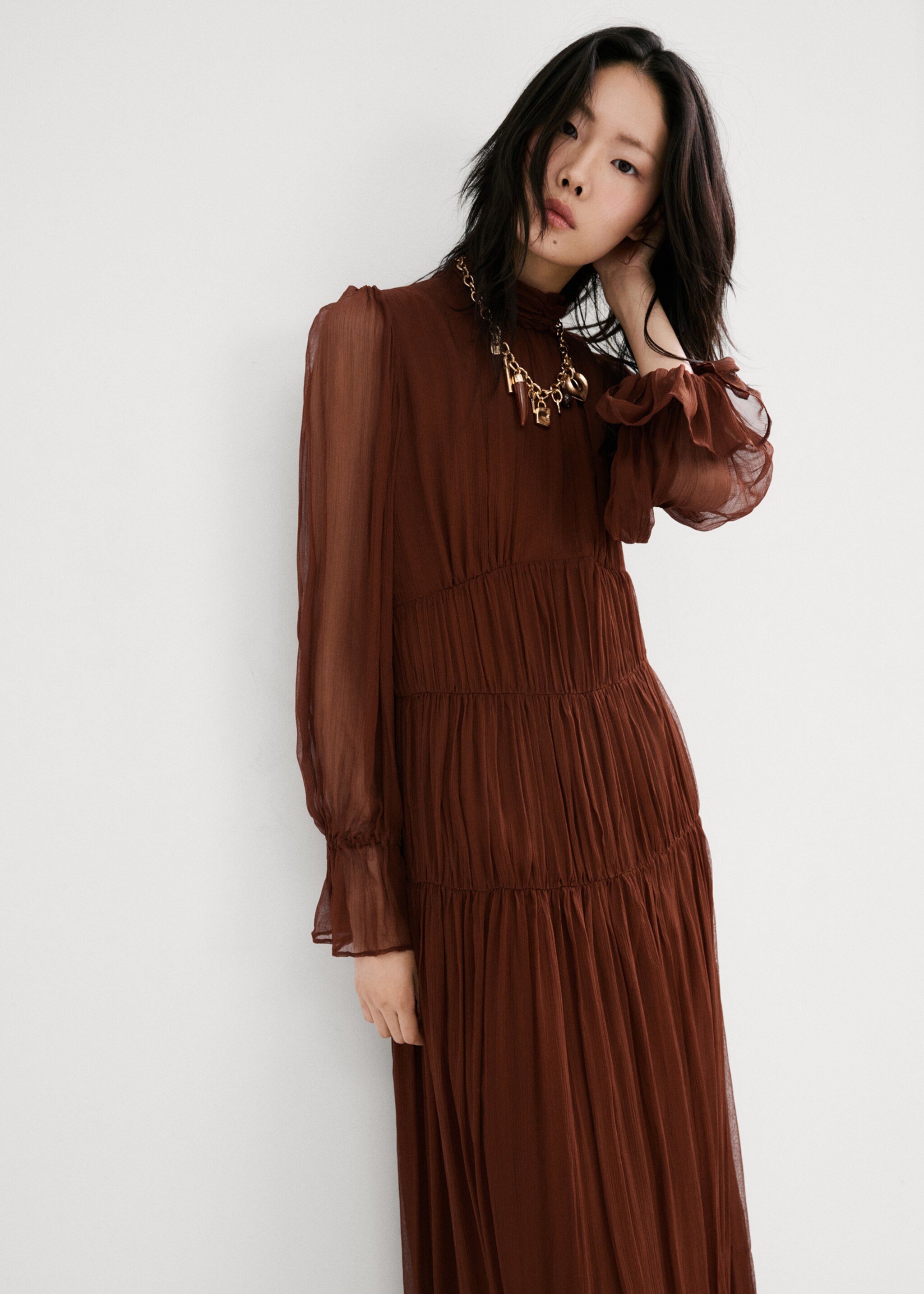 Chiffon panel dress - Medium plane, Chocolate. Ref: 27034441-00.