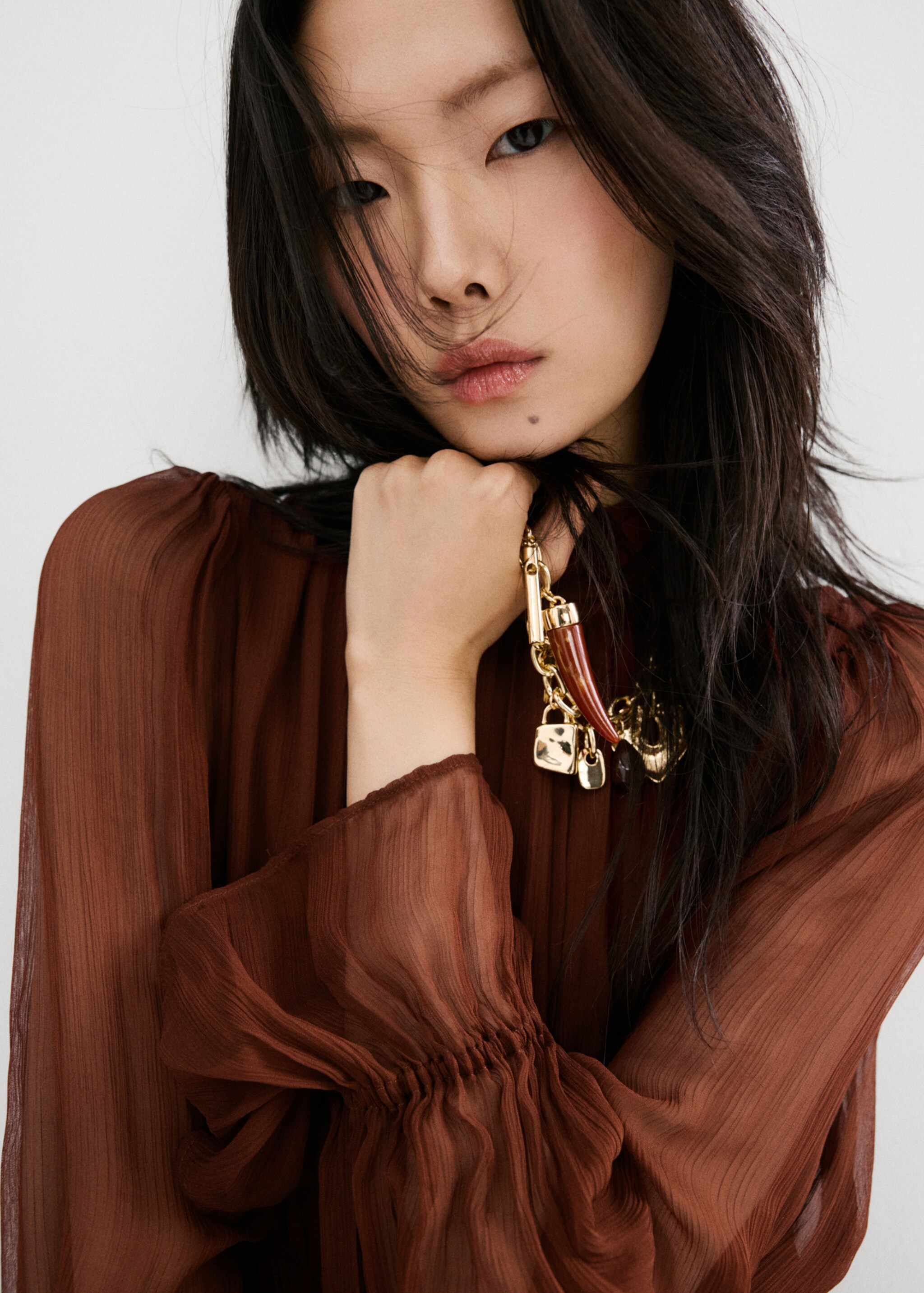 Chiffon panel dress - Details of the article 1, Chocolate. Ref: 27034441-00.