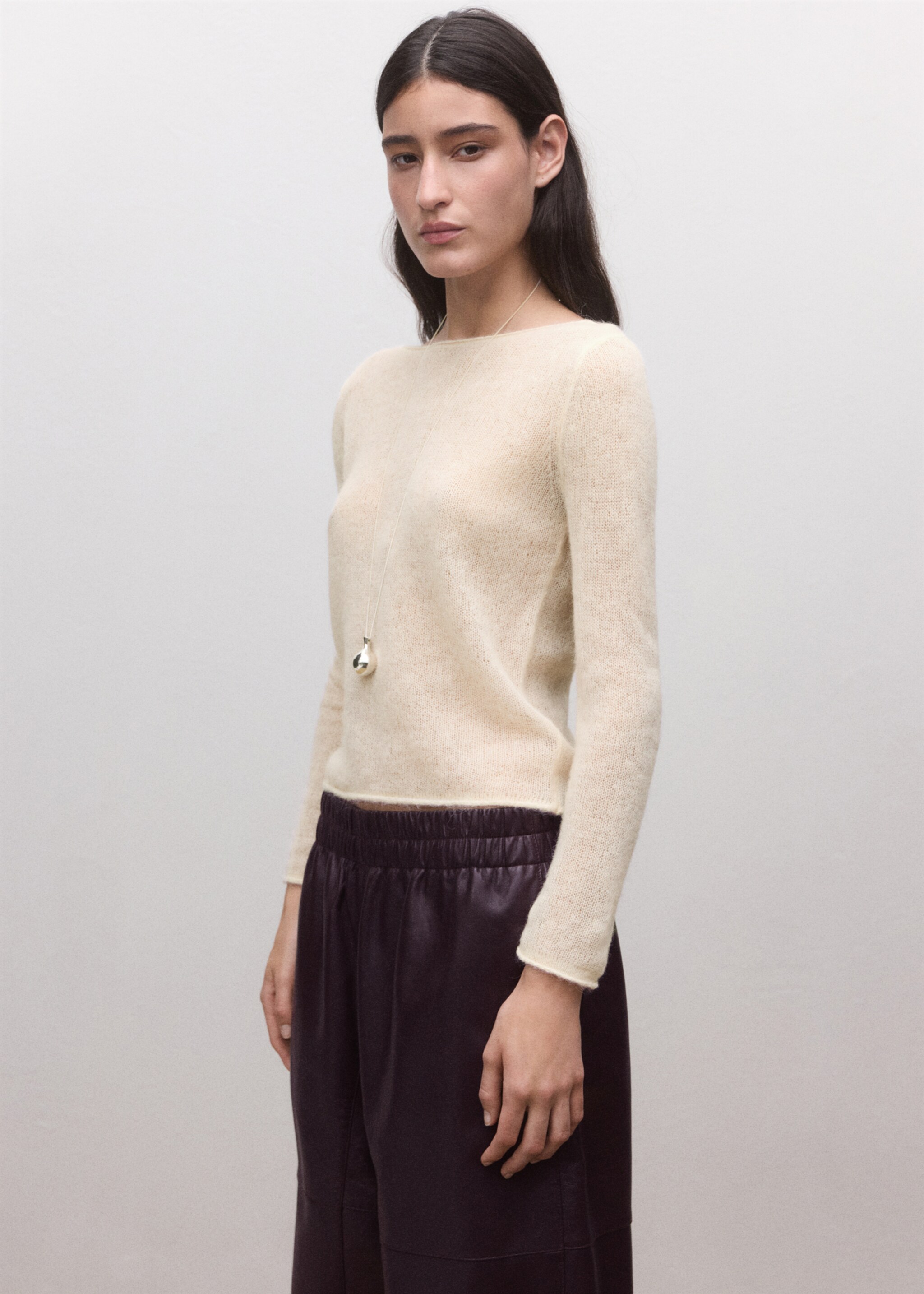 Semi-transparent alpaca sweater - Medium plane, Ecru. Ref: 27034444-00.