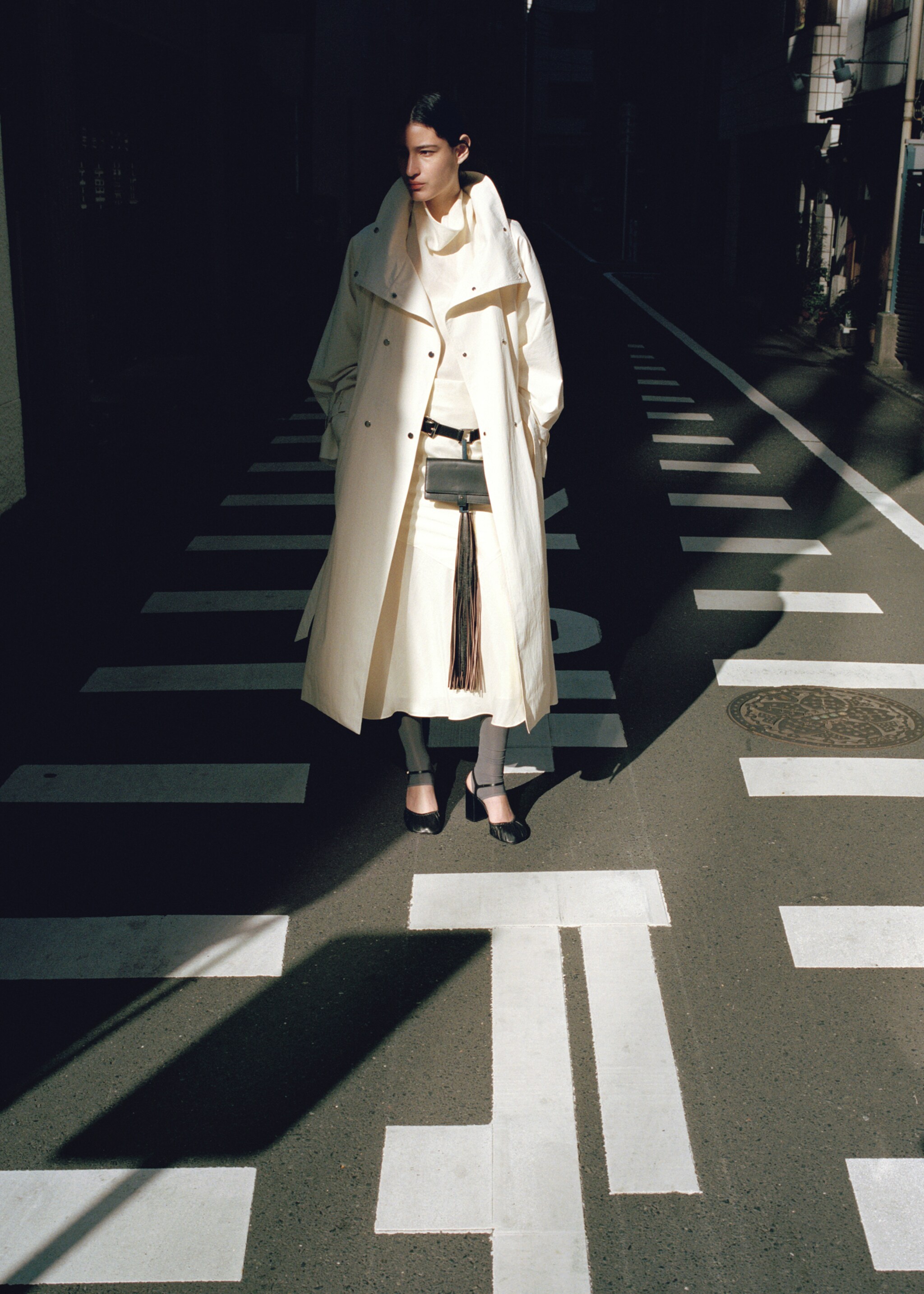 Long funnel neck belted trench coat - Medium plane, Ecru. Ref: 27034445-00.