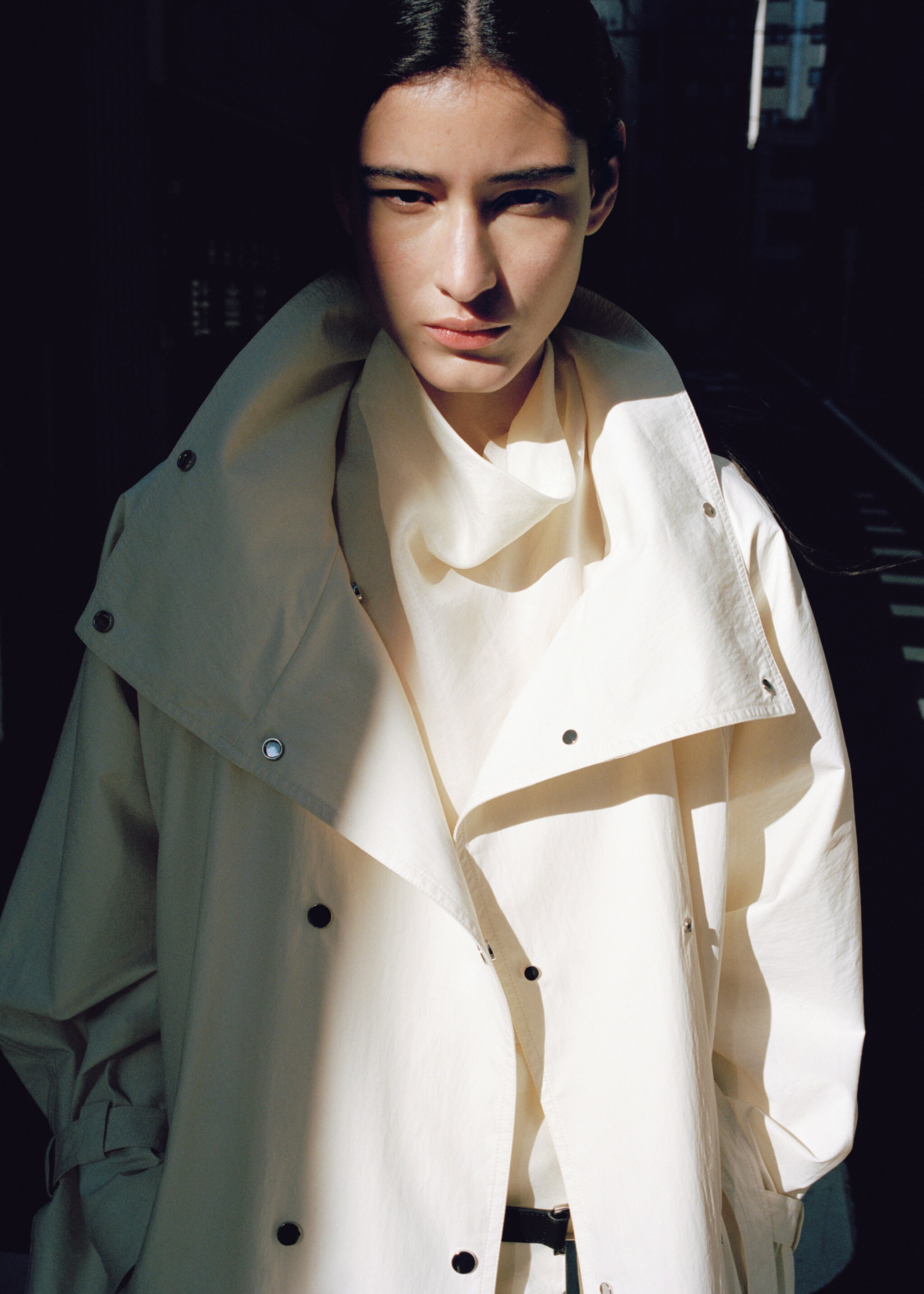 Long funnel neck belted trench coat - Details of the article 1, Ecru. Ref: 27034445-00.