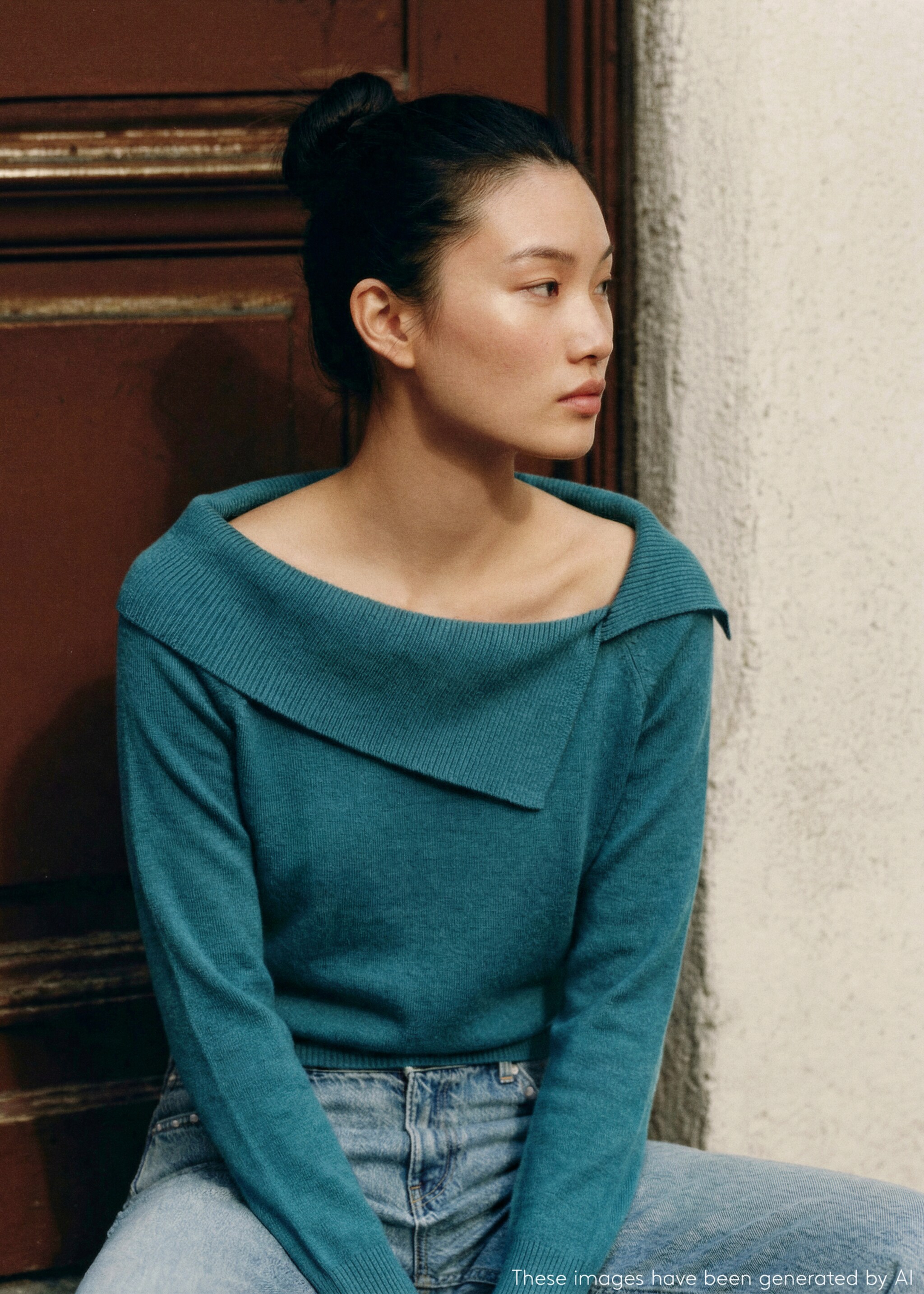 Knitted sweater with asymmetrical neck - Details of the article 5, Petrol Blue. Ref: 27034773-00.