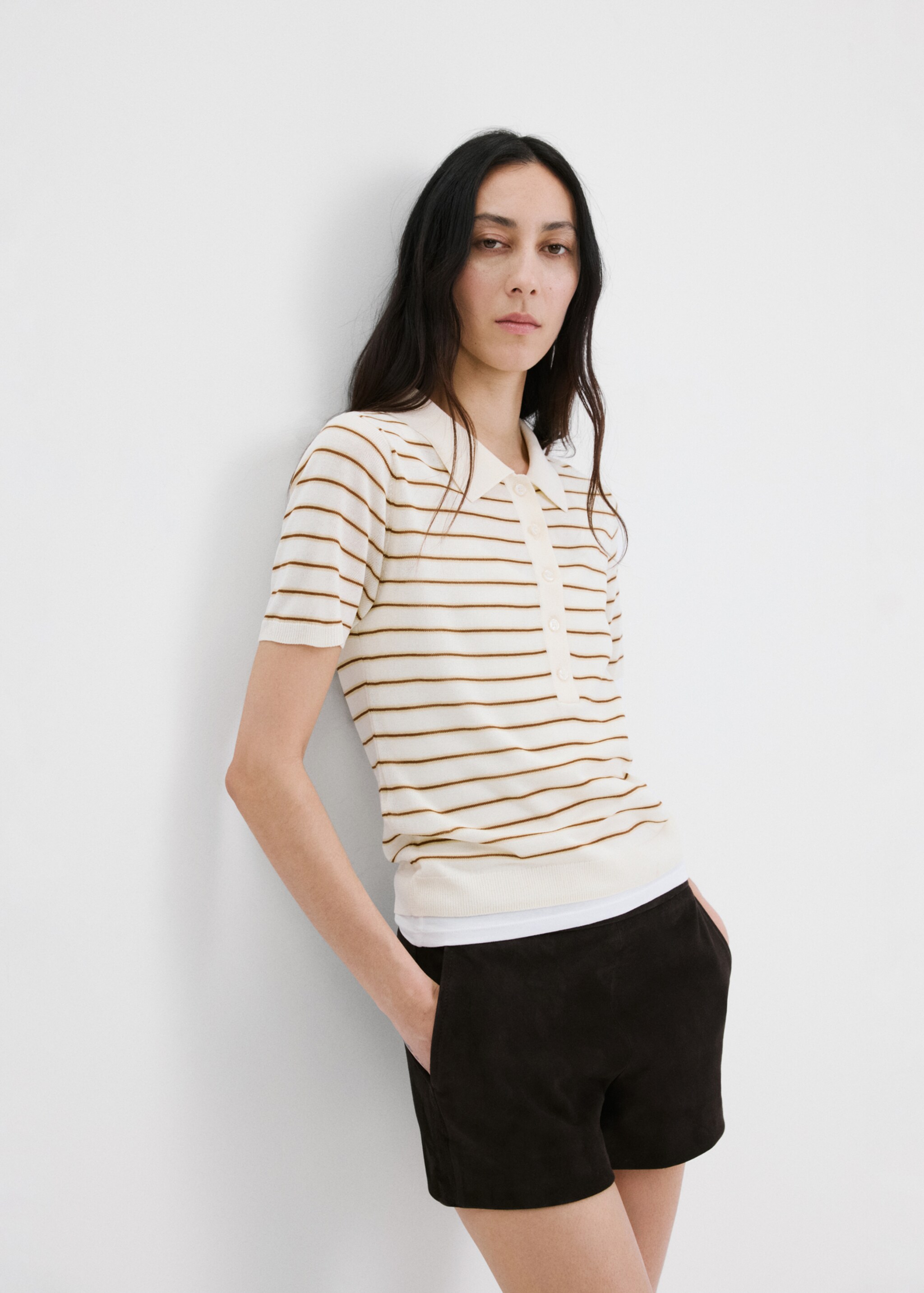 Вязаный джемпер с воротником поло - Средний план, Экрю. Ref: 27035821-00.