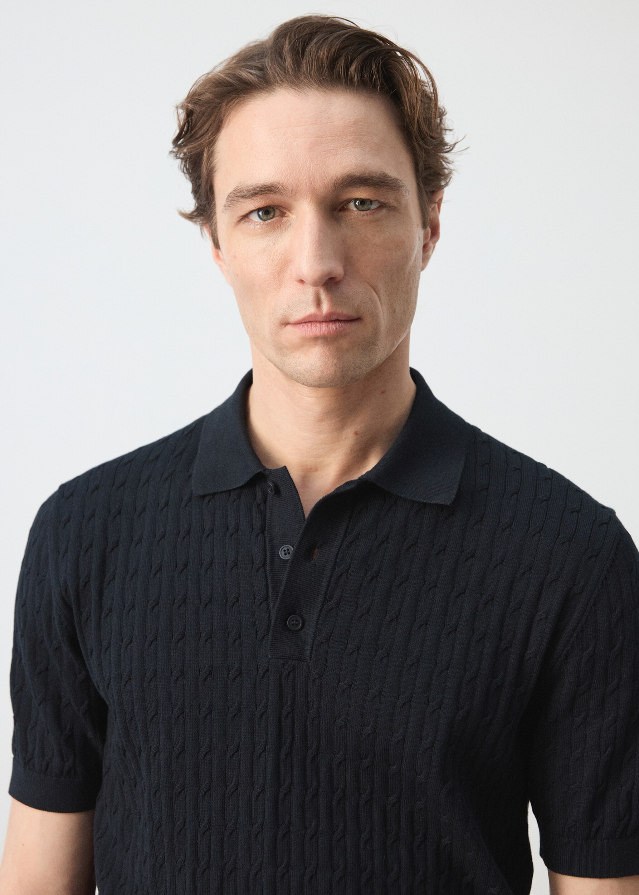 100% cotton braided knitted polo shirt - Details of the article 1, Night Blue. Ref: 27035946-00.