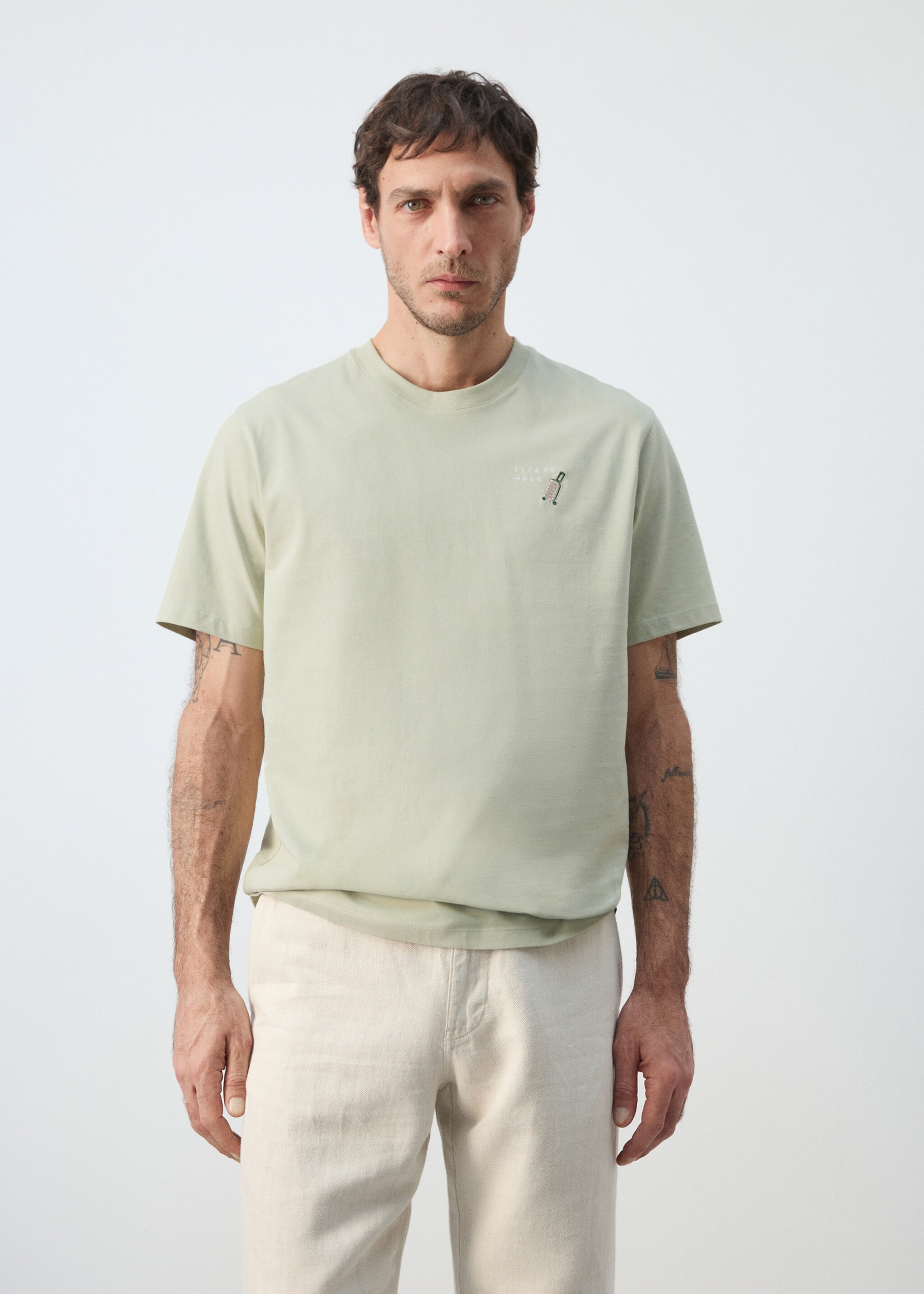 100% cotton t-shirt with embroidered detail - Medium plane, Mint Green. Ref: 27035999-00.