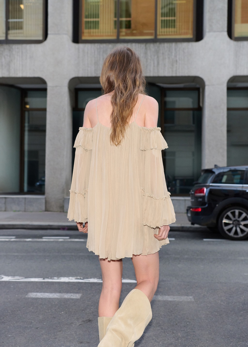 Pleated boatneck short dress