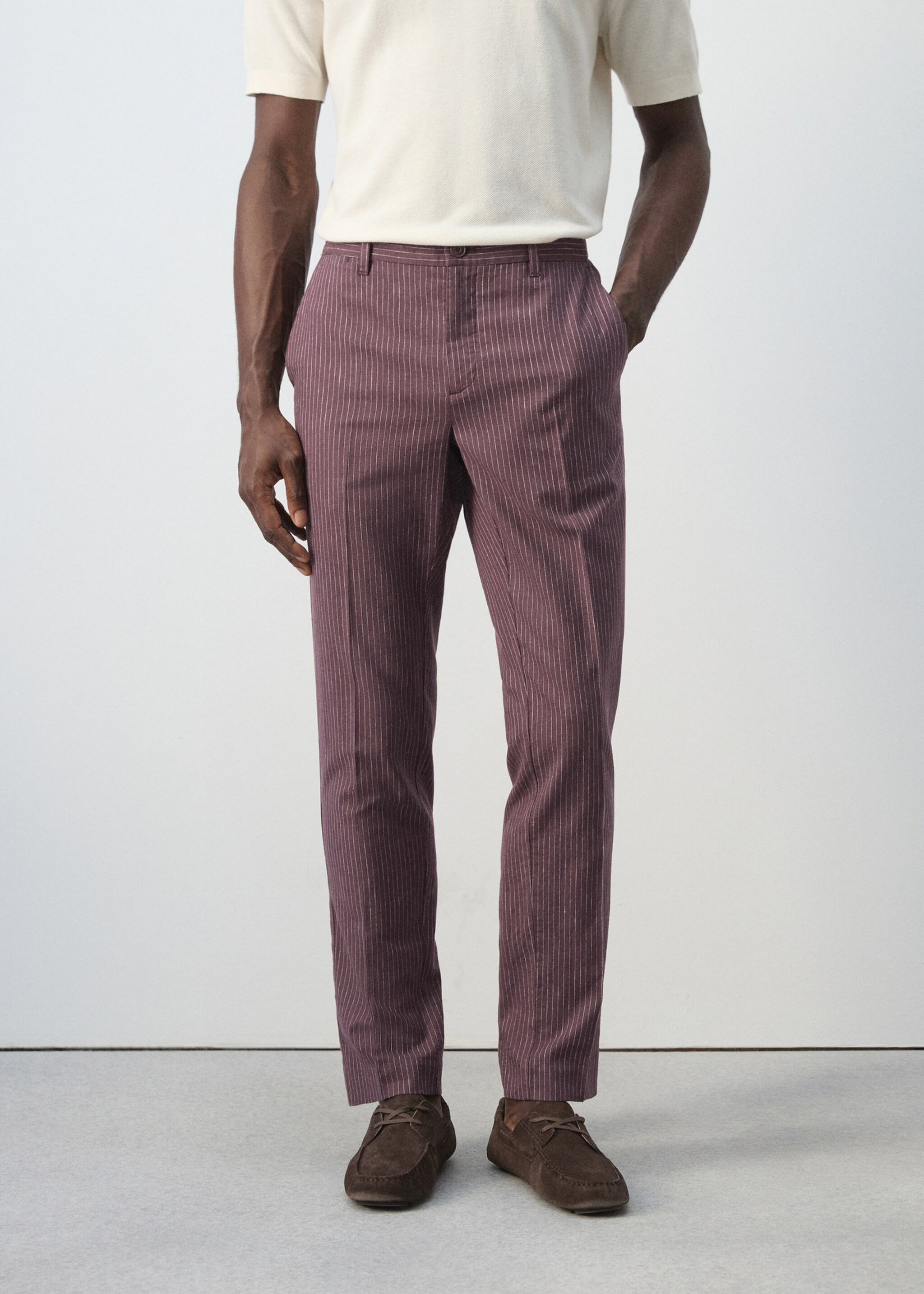 Cotton linen slim fit striped trousers - Medium plane, Plum. Ref: 27036710-00.