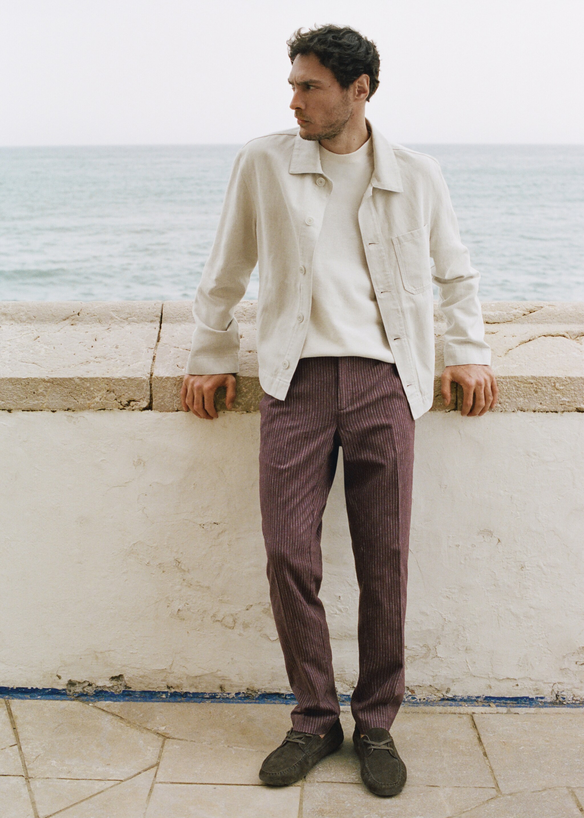 Cotton linen slim fit striped trousers - Details of the article 5, Plum. Ref: 27036710-00.