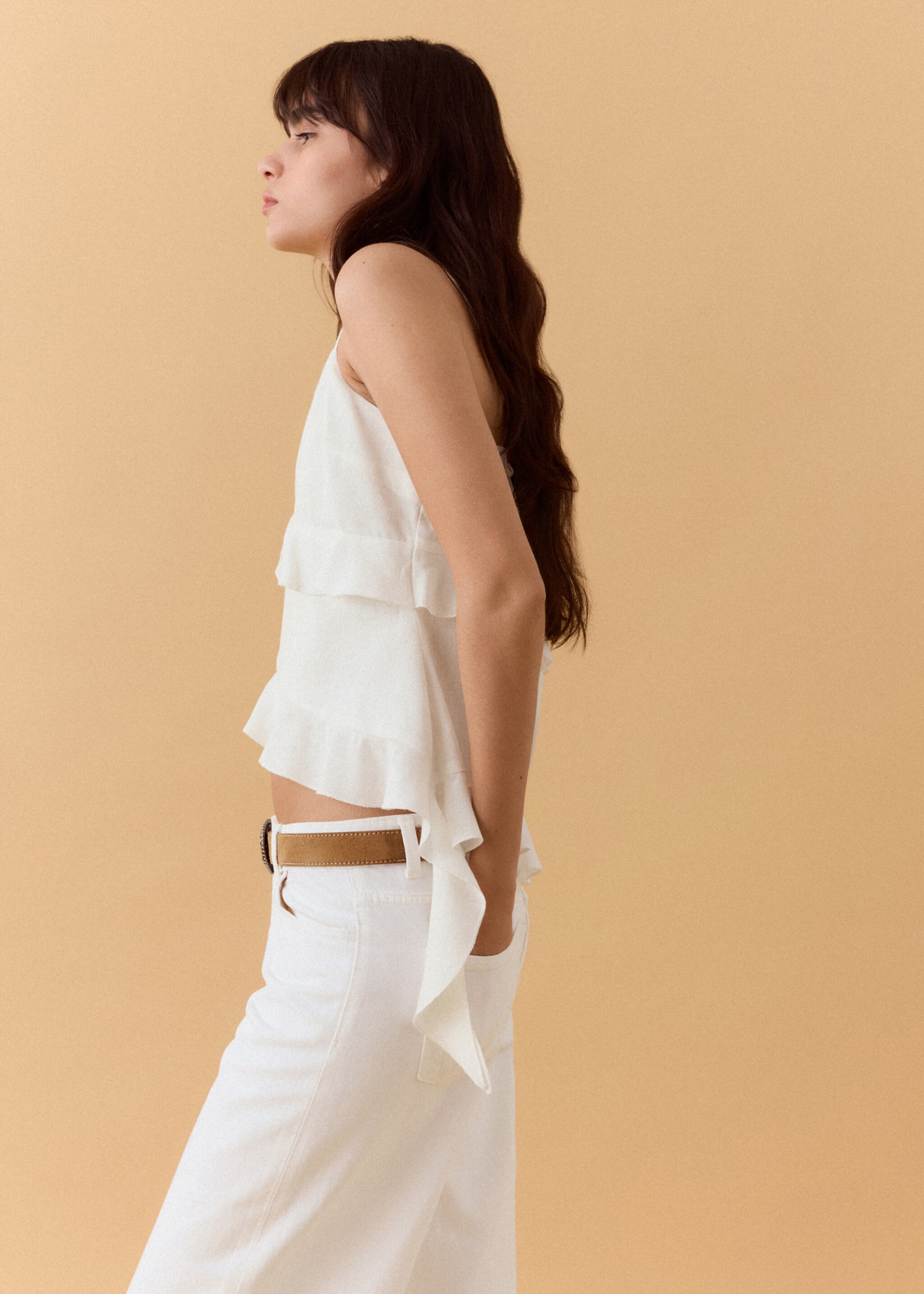 Linen blend frill top - Details of the article 2, Off White. Ref: 27037144-00.
