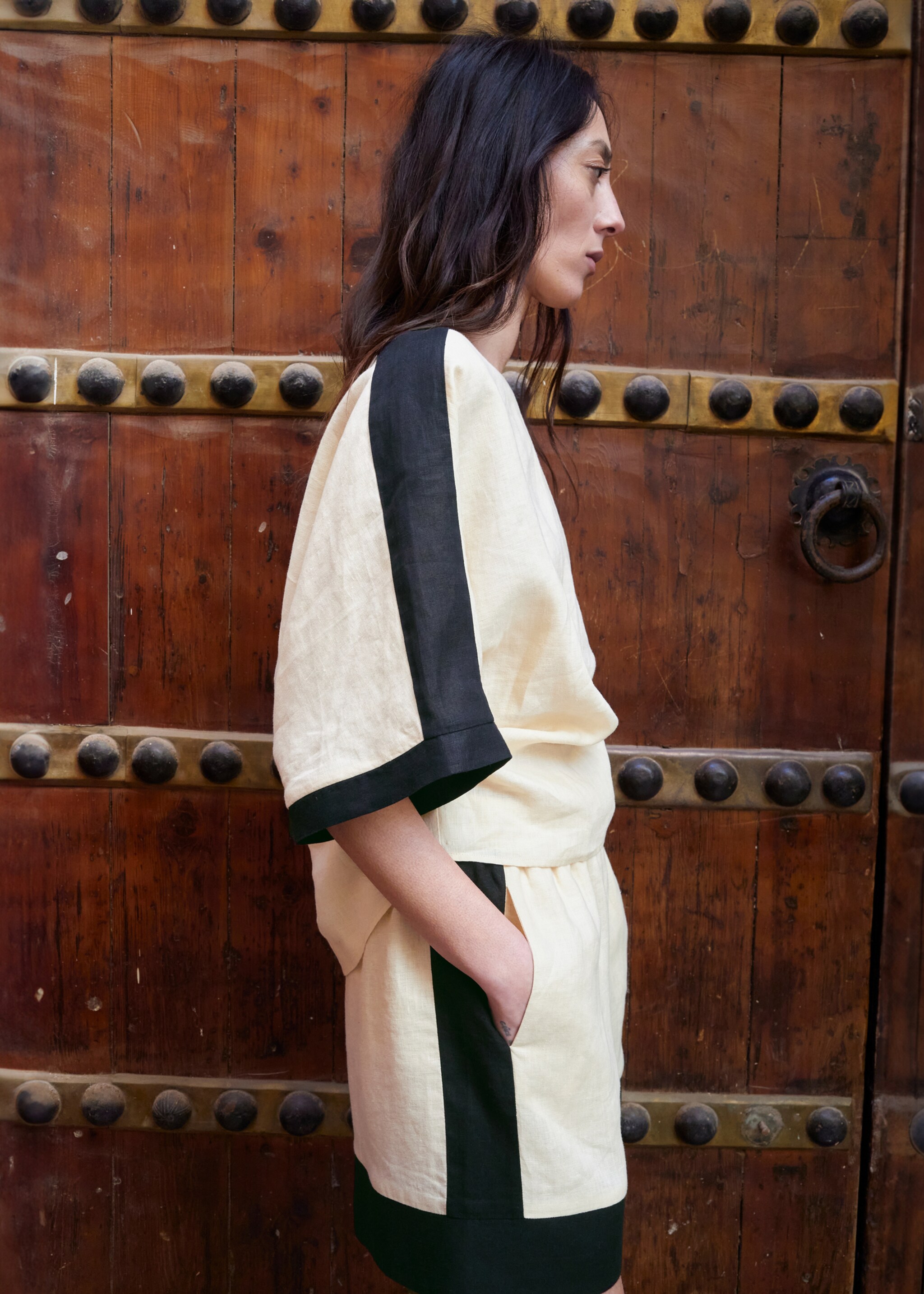 Contrast striped linen blouse - رؤية وسط, بيج فاتح. Ref: 27037148-00.