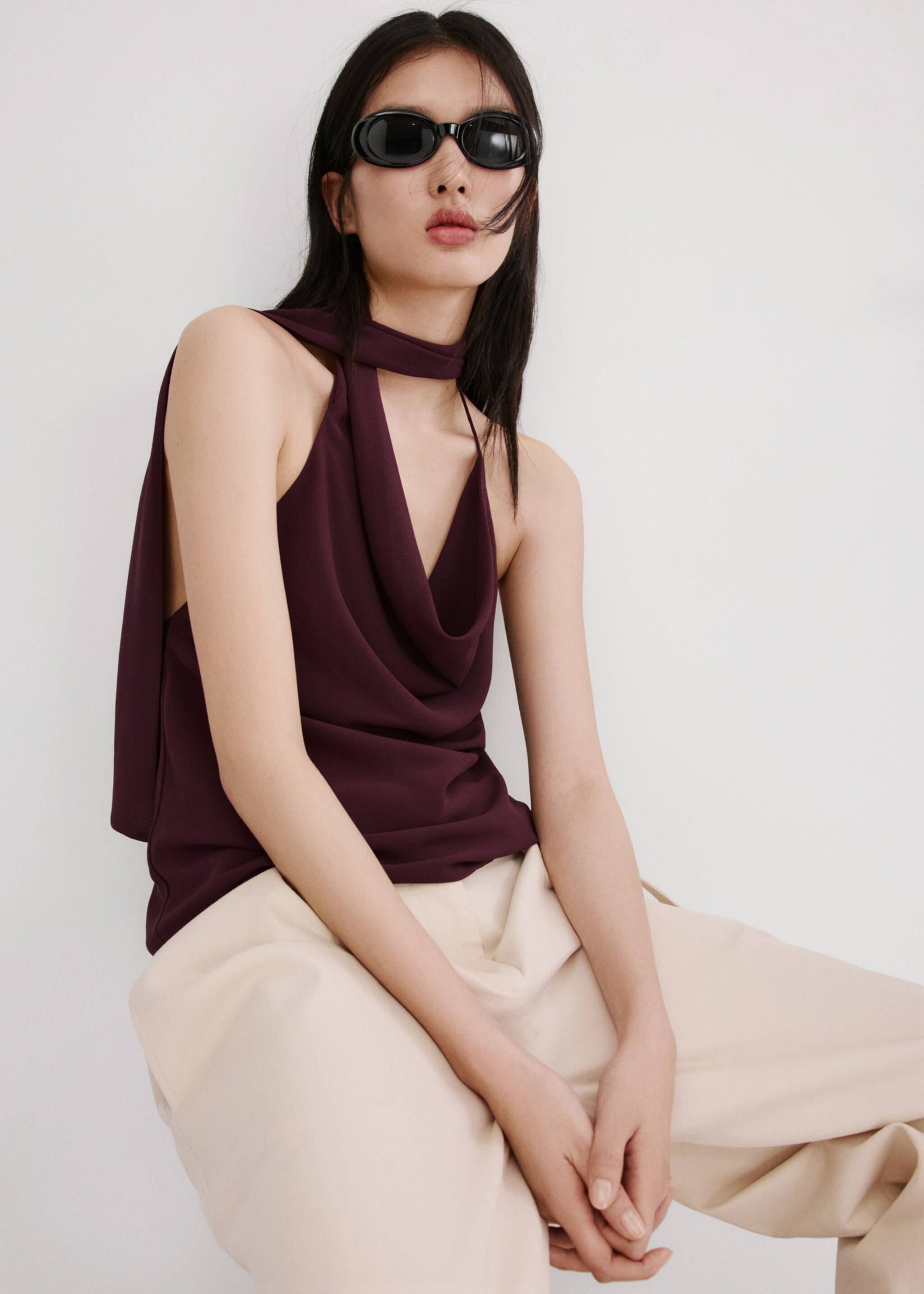 Draped neck scarf top - Medium plane, Maroon. Ref: 27037155-00.