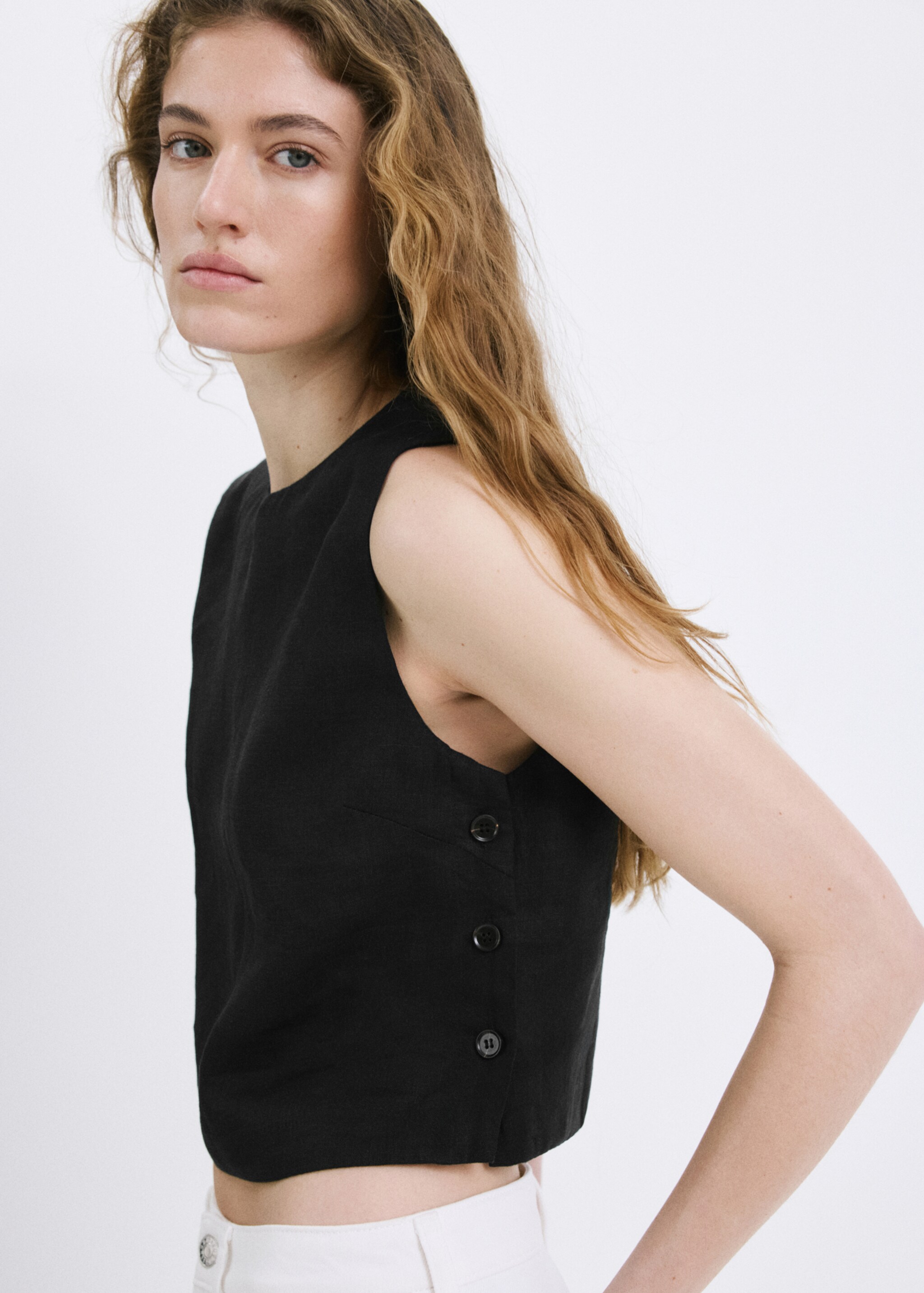 100% linen crop top - Medium plane, Black. Ref: 27037157-00.