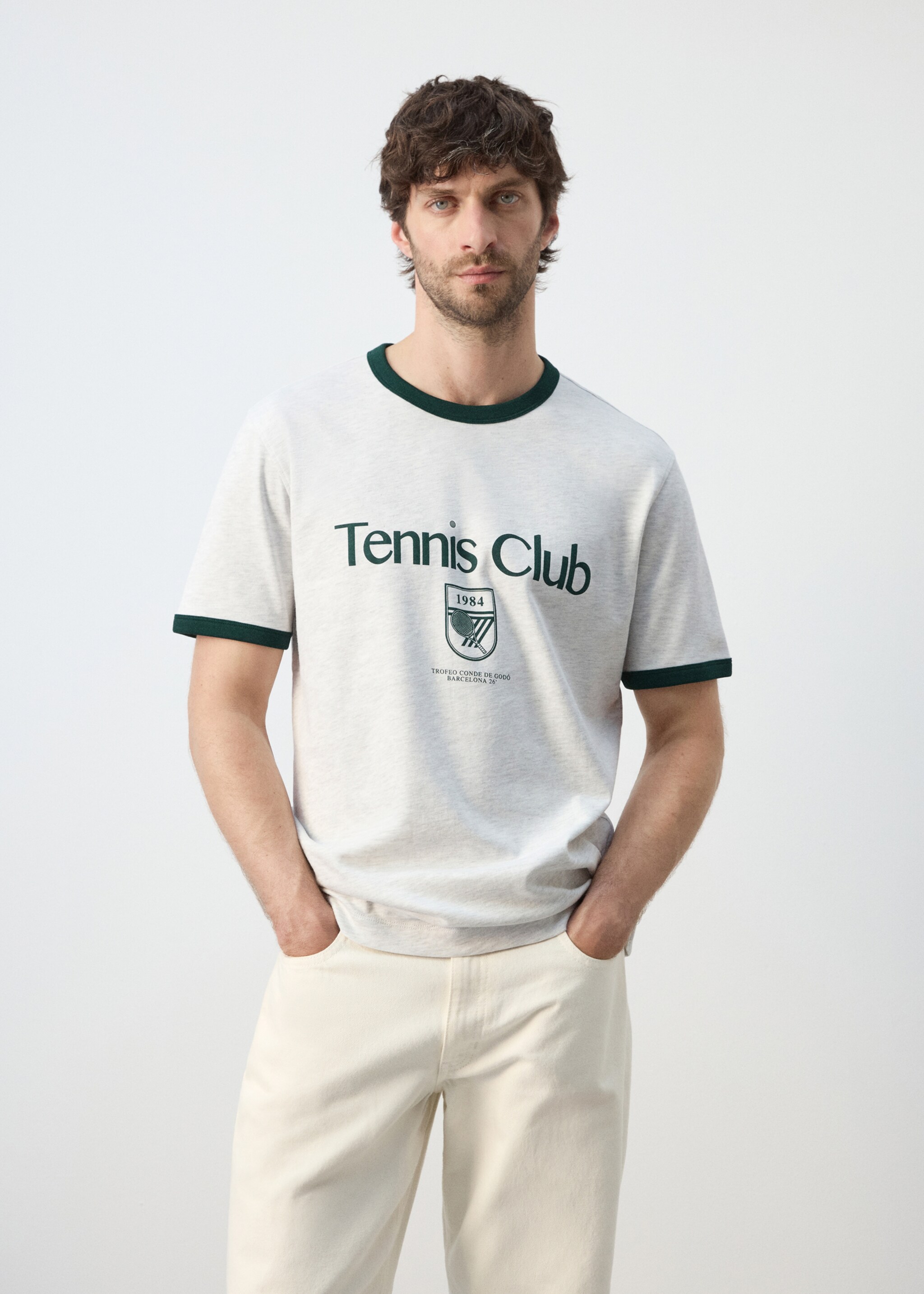 T-shirt coton liserés contrastants - Plan moyen, Gris. Ref: 27037794-00.