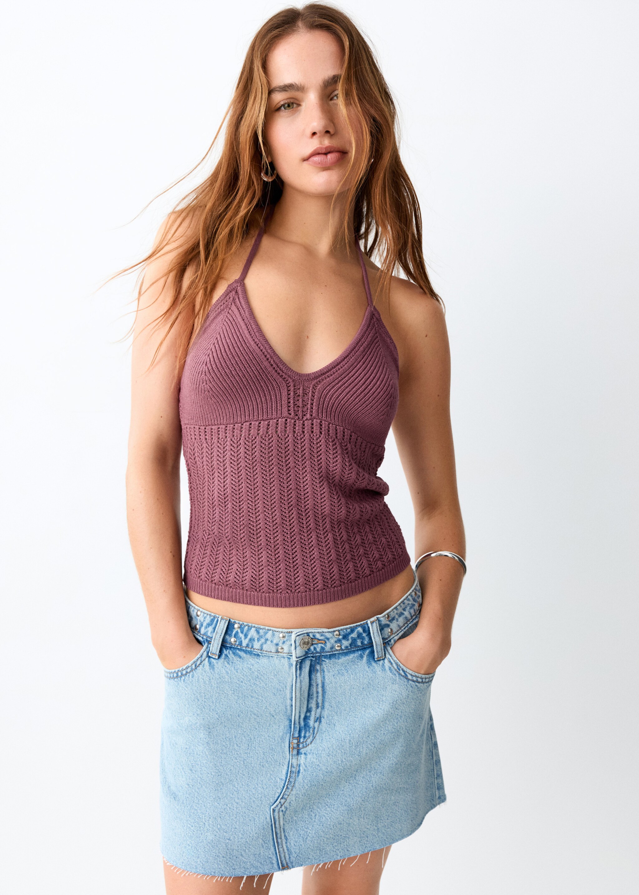 Fine knit halter top - Medium plane, Pink. Ref: 27037909-00.