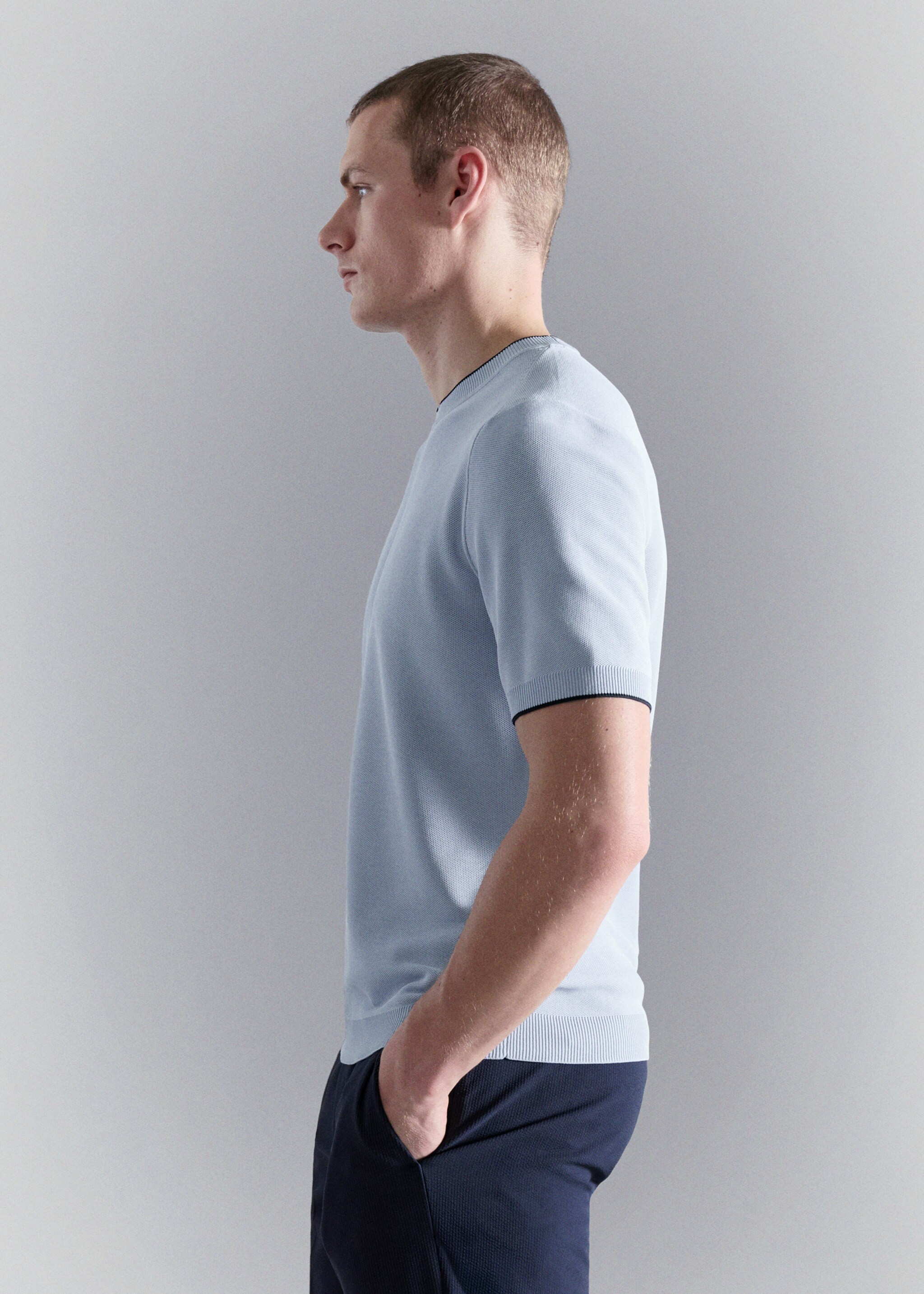Combined knitted t-shirt - Details of the article 2, Sky Blue. Ref: 27037917-00.