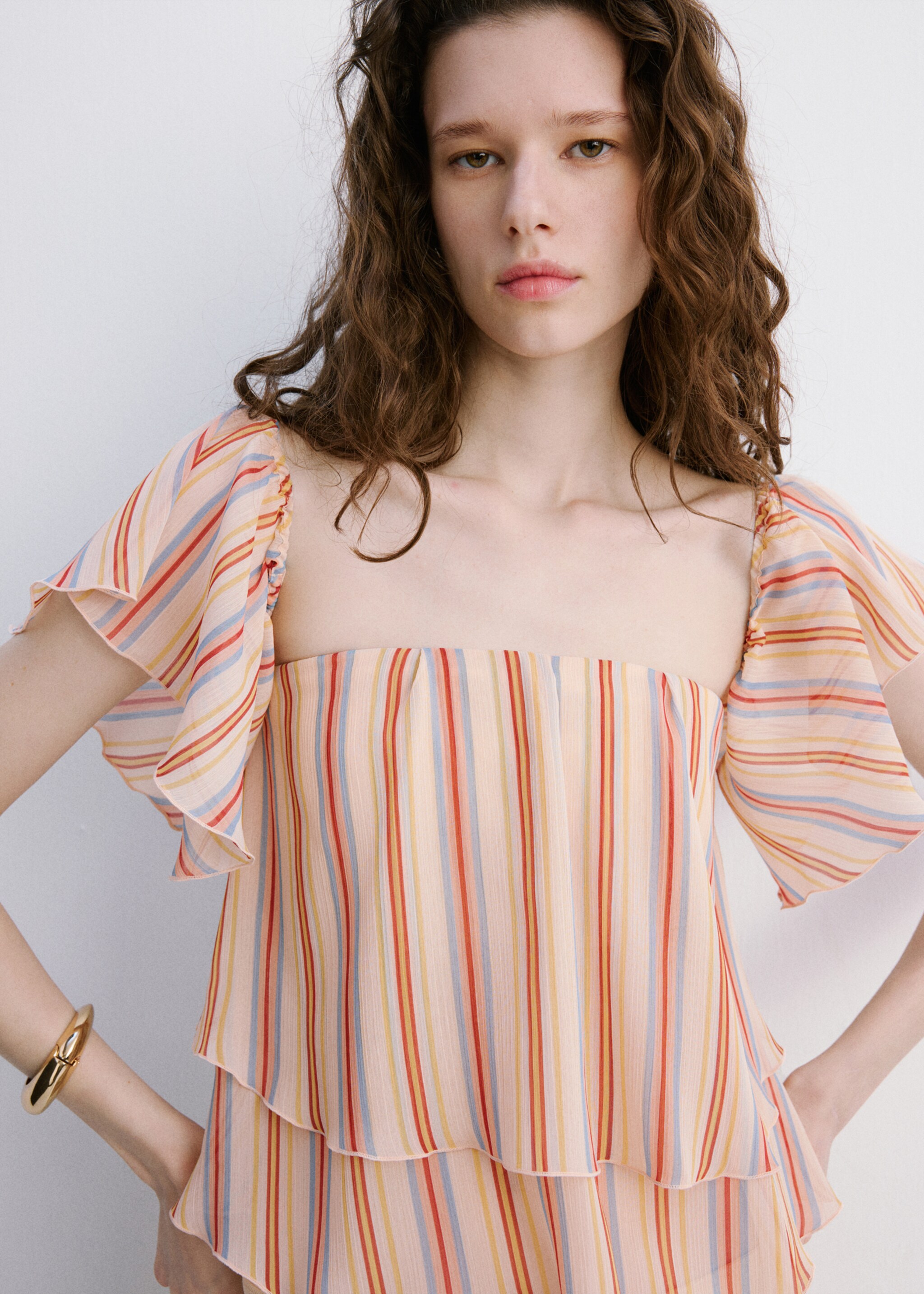 Ruffles stripe-patterned blouse - Medium plane, Ecru. Ref: 27037943-00.
